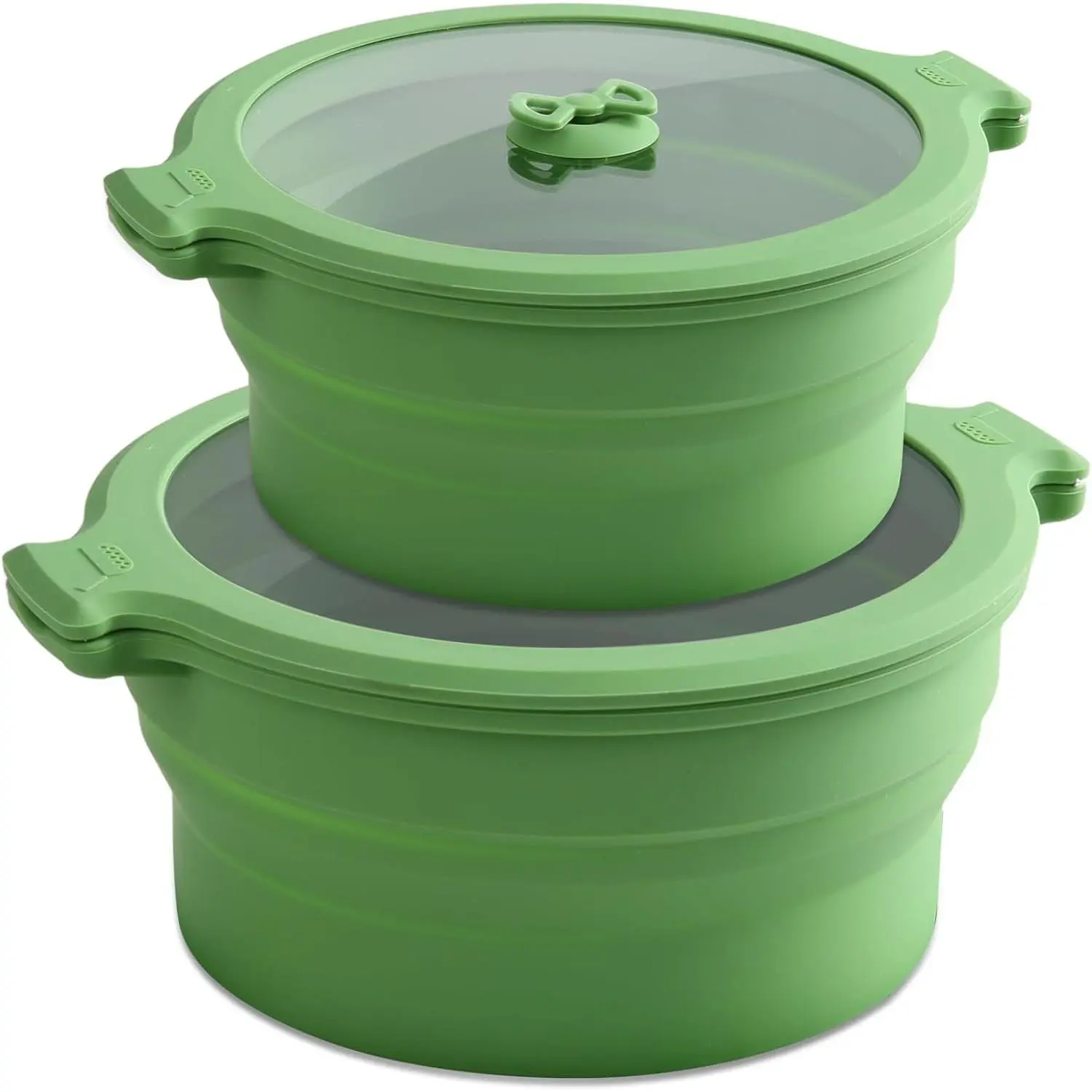 2PCS Collapsible Silicone Microwave Cookware Steamer with Lids, 0.8L & 1.4L BPA Free Glass Food Storage Sealed Mixing Bowl Set for Cooking