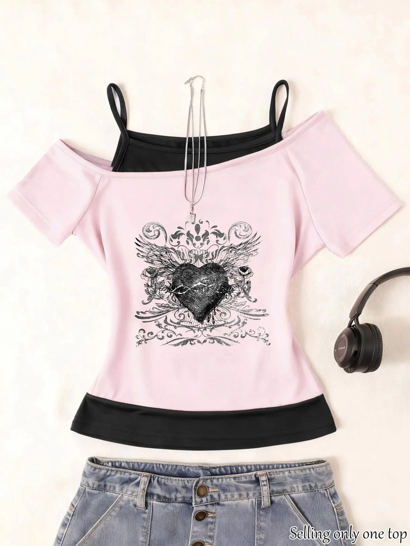 Spring Summer Y2K Retro Dark Wing Heart Print Fake Two-Piece Off-Shoulder Short Sleeve Women's T-Shirt, Casual Loose-Fit Top