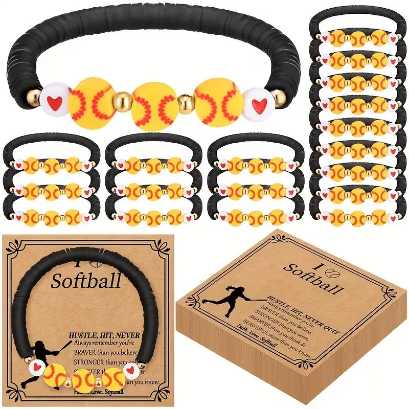 20 Sets Softball Charm Bracelets - Adjustable Beaded Costume Jewelry, Bulk Party Gifts with Inspirational Cards for Softball Team Players, Daily Wear Fashion Accessories, Everyday Wear