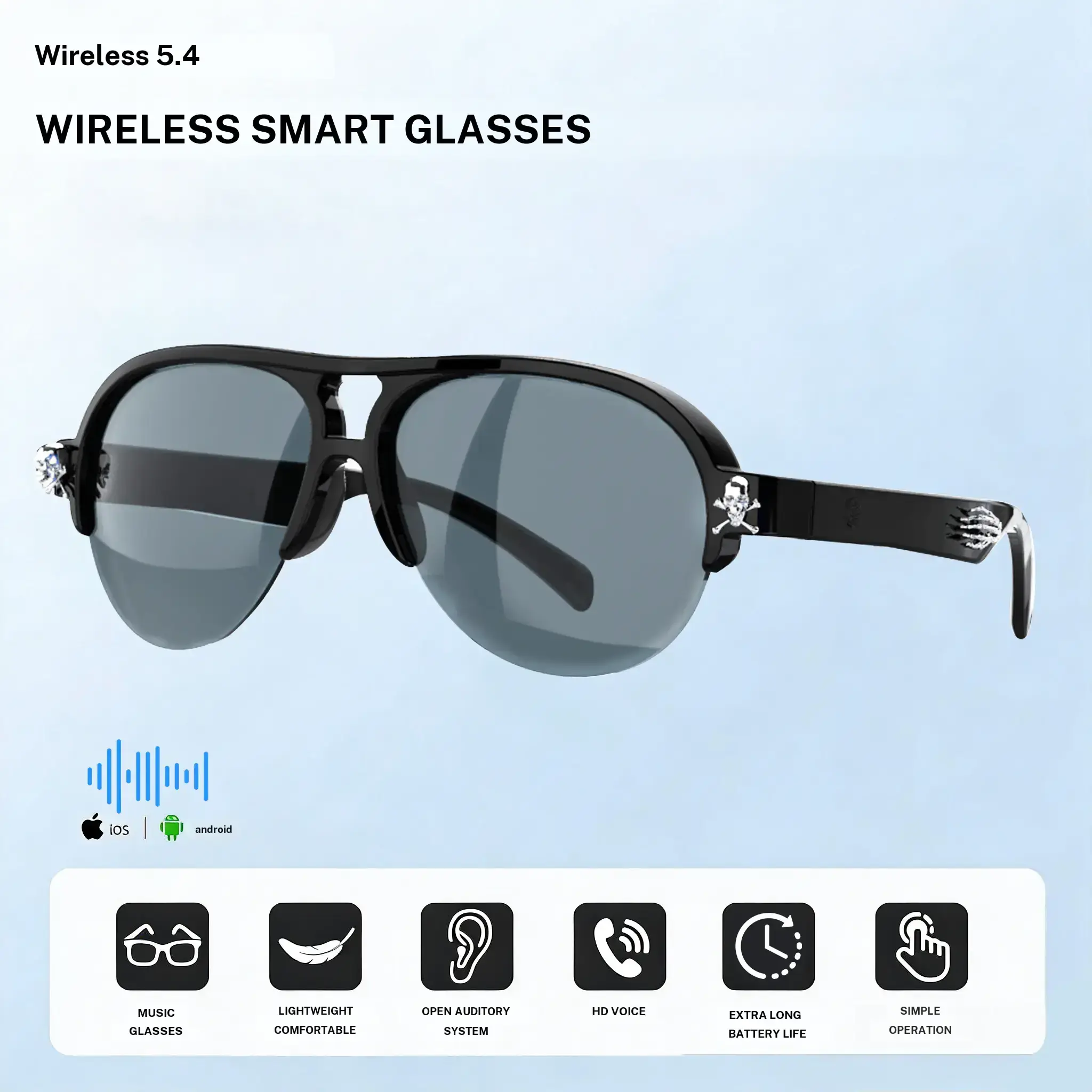 DVKIX 2026 Wearable Multifunctional Smart Glasses - Wireless Audio, Cool Skull Decoration, Antiblue Light Eye Care, Voice/Phone Call, Music Player, Built-in Batteries, Dual Stereo Sound, Bluetooth, Tablet Sync, Ideal for Work, Cycling, Father's Day Gift