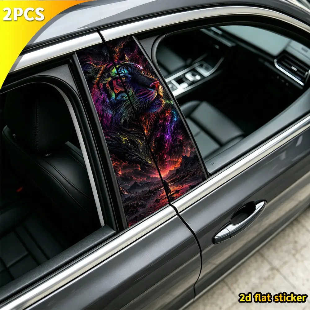 2pcs Rainbow Neon Tiger Sunset Mountain Car B Pillar Sticker, Nebula Colorful Smoke Art Waterproof Vinyl Car Decal, Automotive Decals, Automobile Decals, Automotive Vehicle Accessory, Custom Car Accessories, Vehicle Decoration