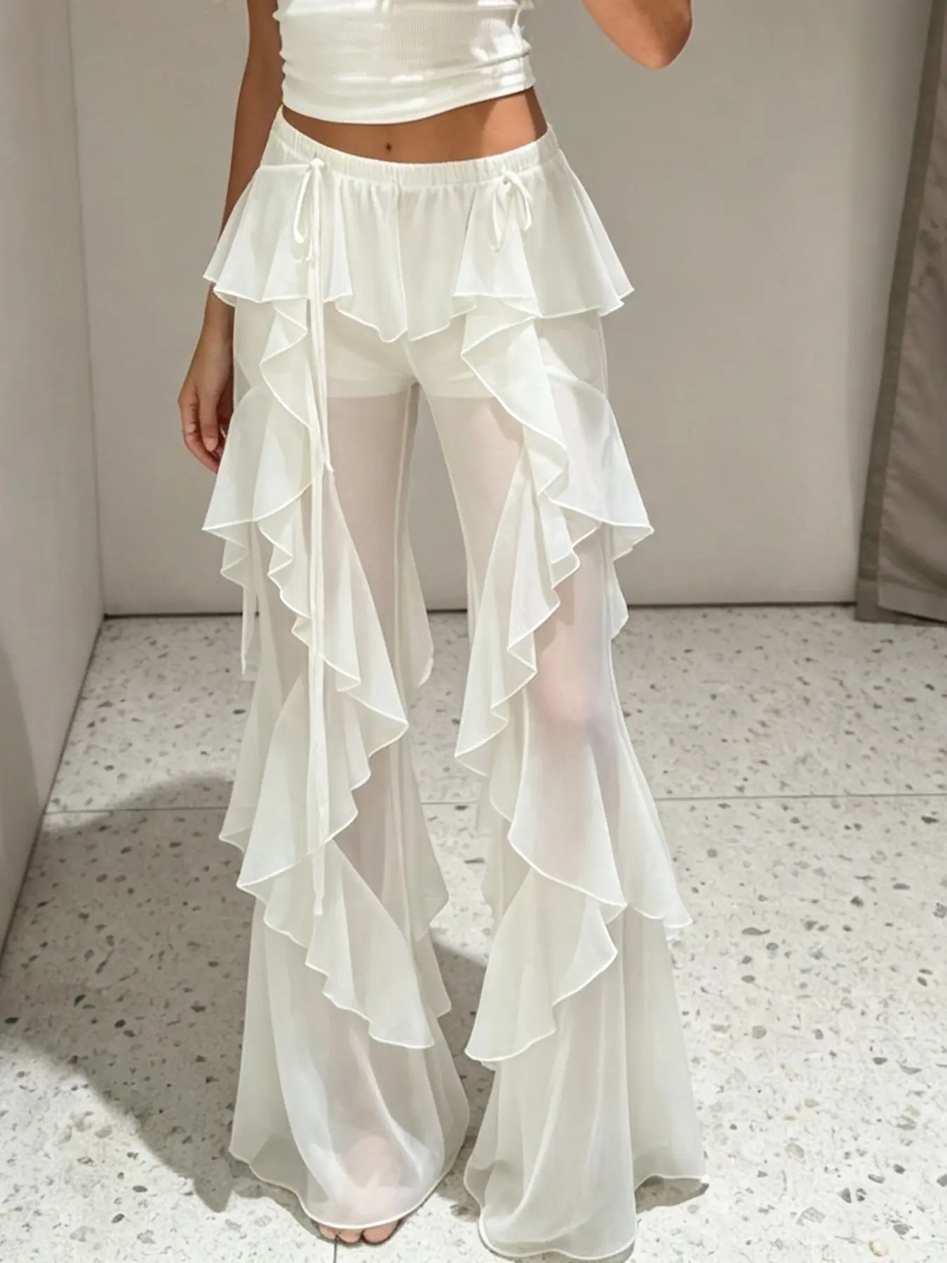 Women's Sheer Mesh Ruffle Hem Pants, Boho Style Casual Trousers, Low Waist Tie Belt Sexy Vacation Beach Party Shorts, Summer Fashion Casual Wear, Casual Summer Bottoms