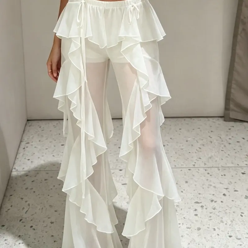 Women's Sheer Mesh Ruffle Hem Pants, Boho Style Casual Trousers, Low Waist Tie Belt Sexy Vacation Beach Party Shorts, Summer Fashion Casual Wear, Casual Summer Bottoms