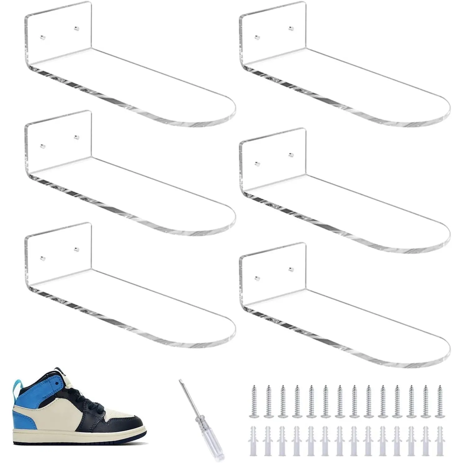 Floating Shoe Rack (Set of 6) Wall Mount Display Shoe Rack Transparent Storage Rack for  Use Sneaker Display Rack with Screws and Anchors