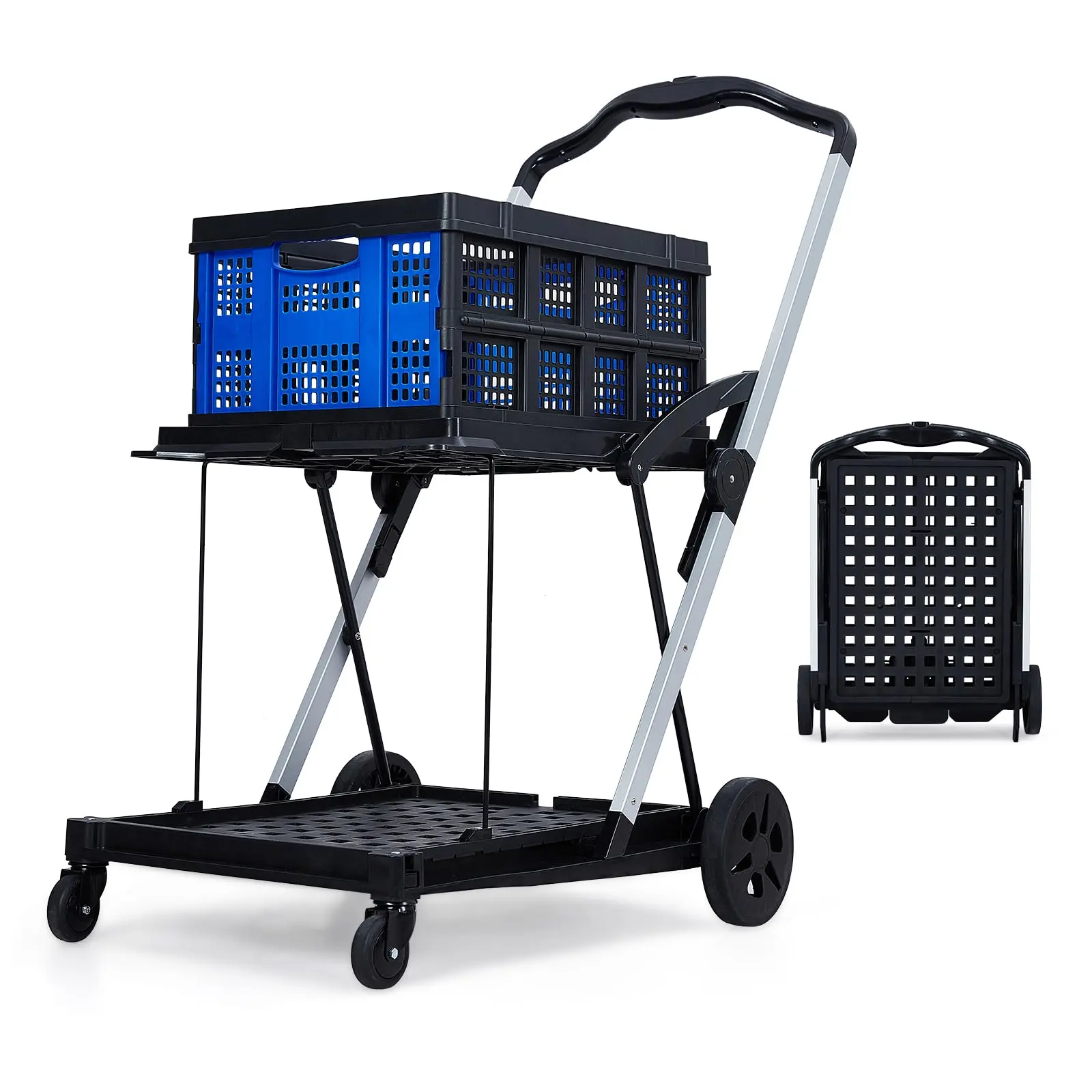 GARVEE Collapsible 2 Tier Rolling Storage Cart with Removable Crate, Multi-Use Functional Folding Cart and Portable Grocery Cart on Wheels for Home, Office, Picnic and More