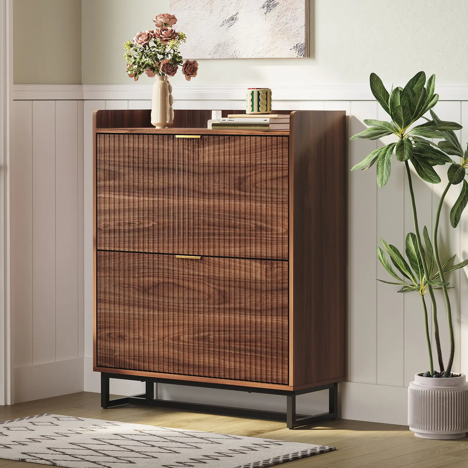 Narrow Shoe Storage Cabinet – 2 Turn Drawers, Hidden Fluted Design – Compact Wooden Organizer for Entryway, Hallway