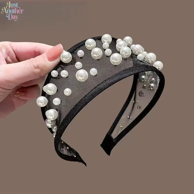 Black Mesh Mixed Size Faux Pearl Wide Headbands Women Elegant High Cranial Top Hair Hoop Premium Sense All-match Hair Accessories For Daily Dating Wedding Party Travel Styling