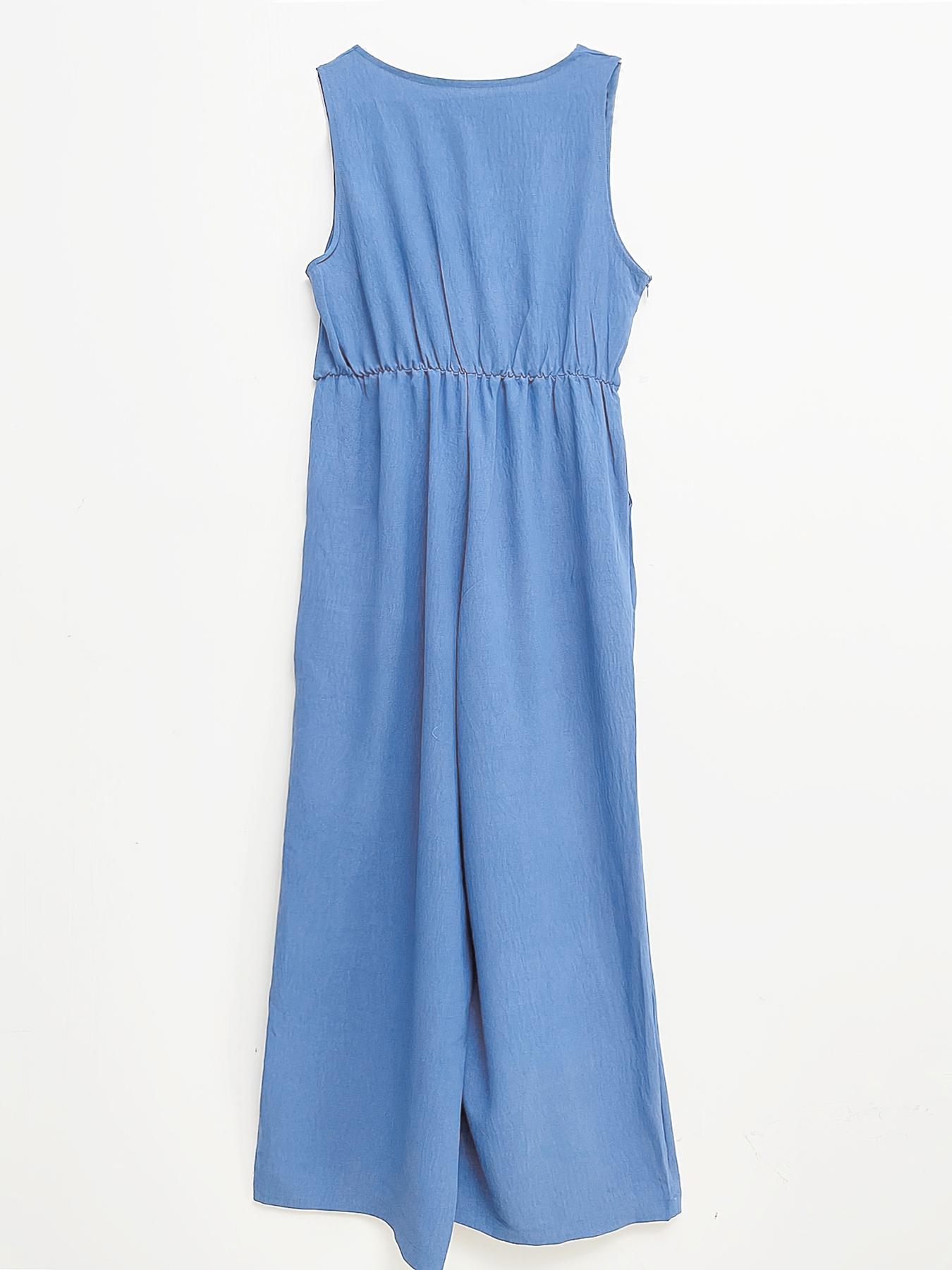 Women's Solid Belted Jumpsuit, Casual Sleeveless V Neck Jumpsuit for Summer, Women's Clothes for Daily Wear, Ruched Belted Jumpsuit