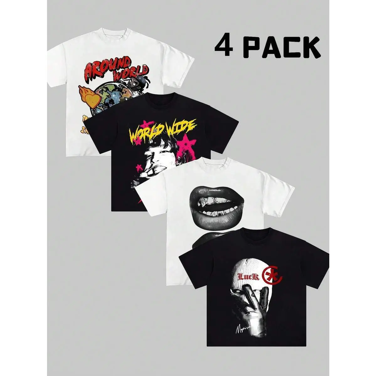 4 Pack Vintage Graphic T Shirts Unisex Hip Hop Streetwear Assorted Print Short Sleeve Tees Bundle Retro Casual Outfit Tops
