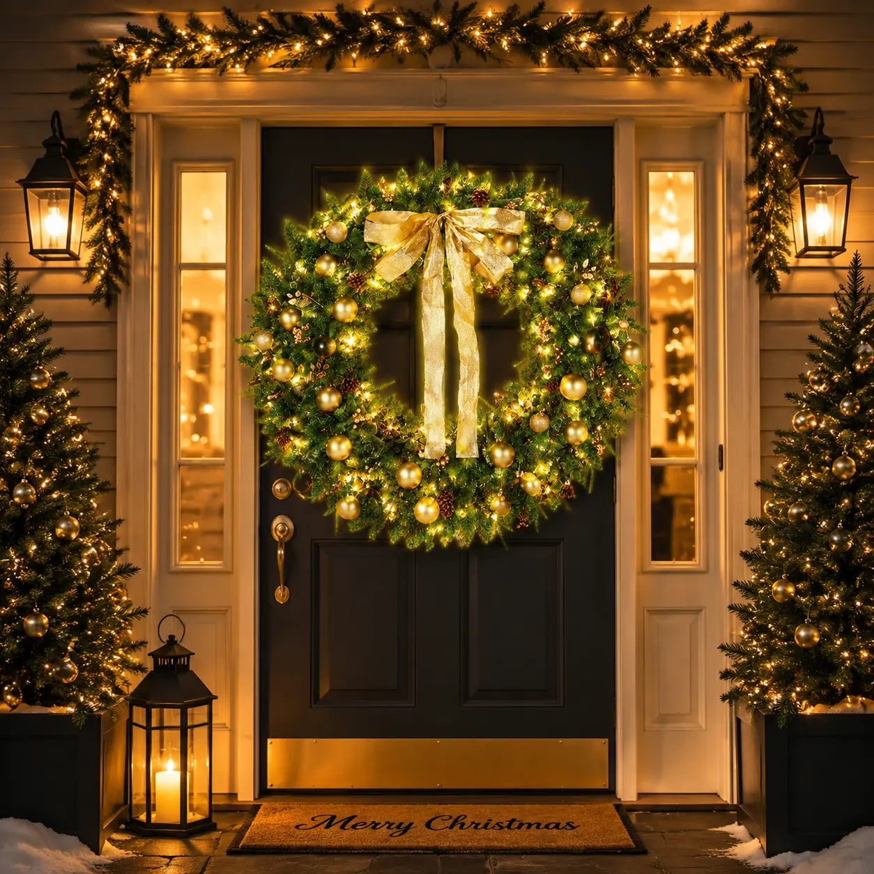 48 Inch Pre-Lit Christmas Wreath with LED Lights, Large Artificial Evergreen Wreath with Gold Ornaments and Bow, Holiday Door Decoration for Front Door, Window, Fireplace, Indoor Outdoor Christmas Decor Garland