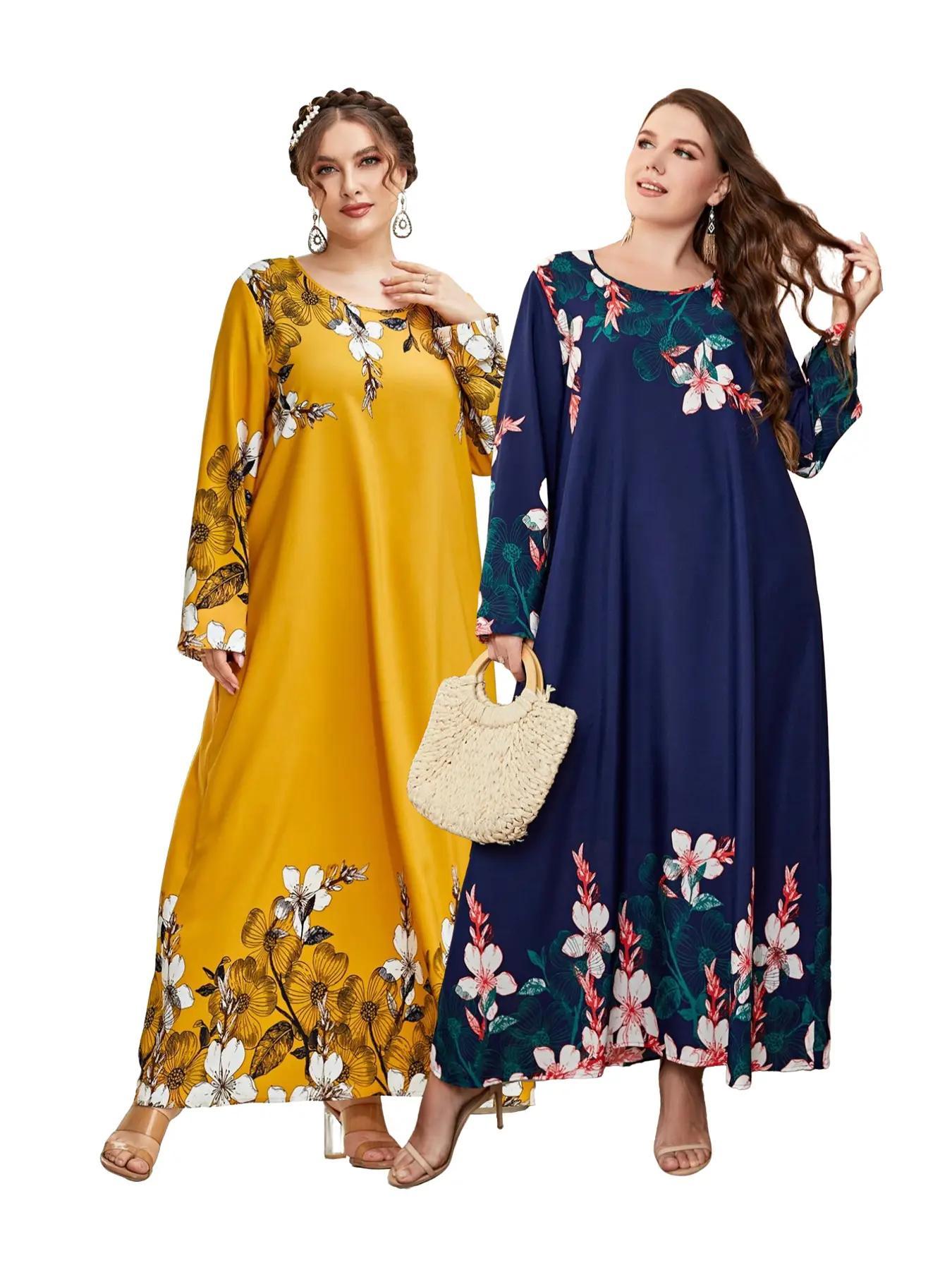 Plus Size Floral Print Long Sleeve Round Neck Tunic Dress, Casual Loose Long Dresses for Women Daily Wear, Ladies Clothes Spring Autumn Fashion