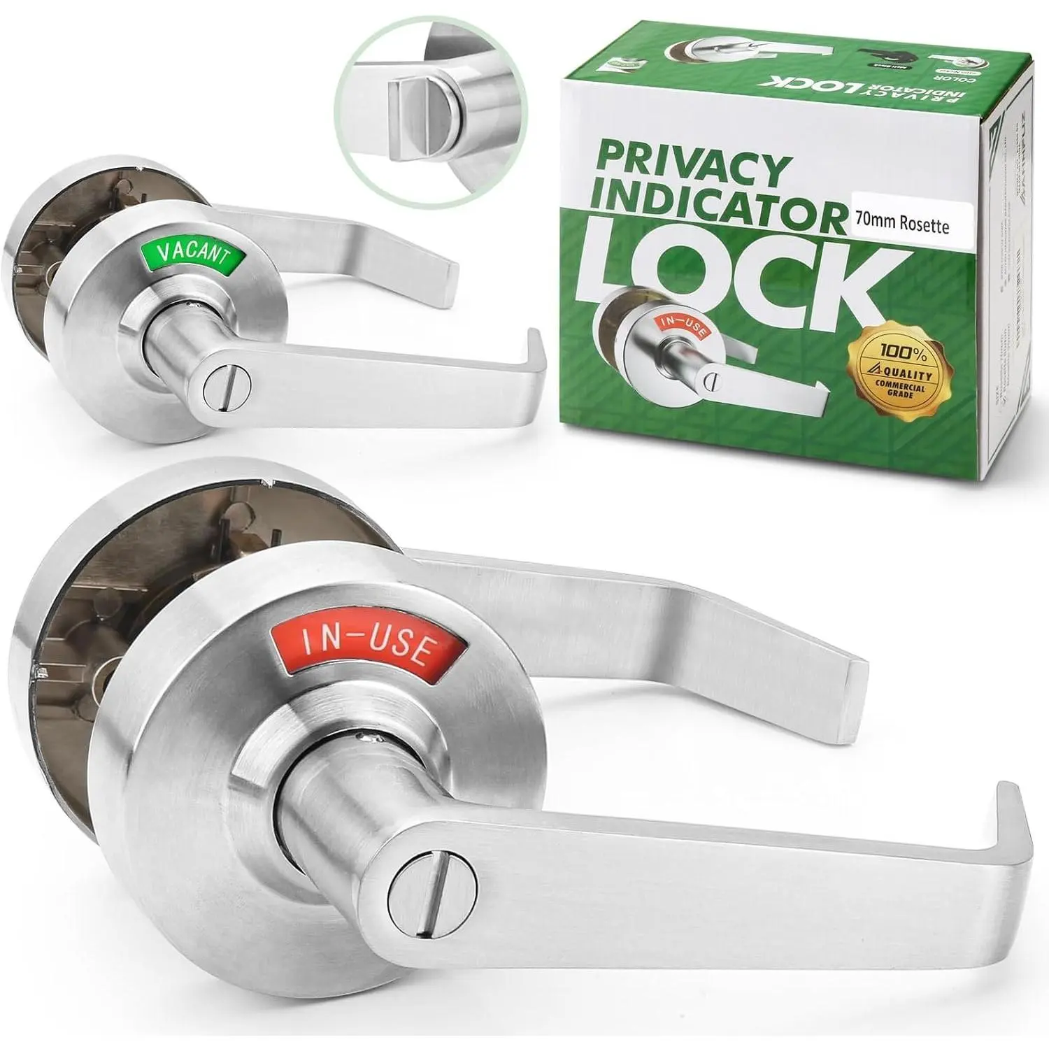 Bathroom Door Handle Lock with in-Use Or Vacant (70mm) | Brushed Nickel, Keyless Vacant Occupied  Door Lever, access unlock, for Restroom & Public Washroom