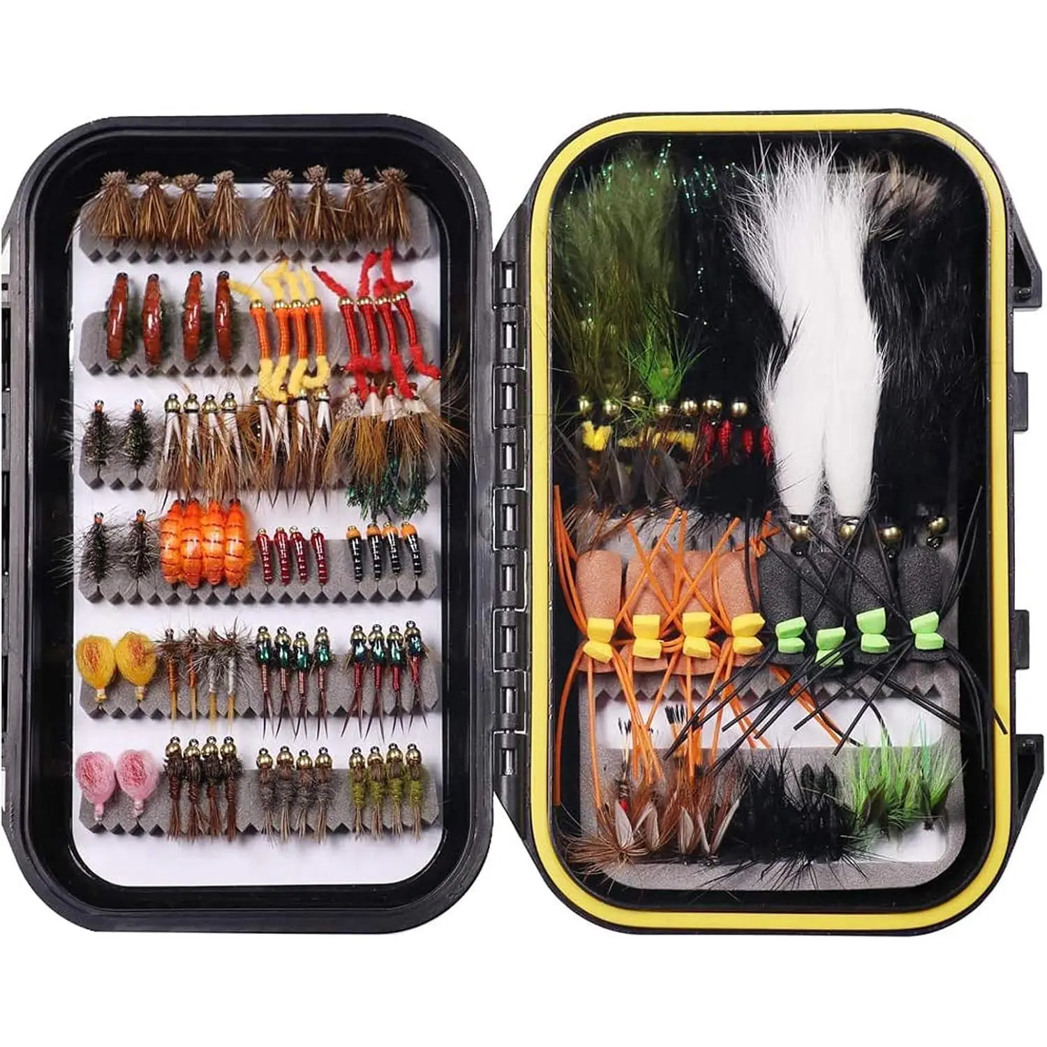 Fly Fishing Flies Assortment with Waterproof Fly Box, 28/40/64/92/120pcs Dry/Wet/Nymph/Streamer Flies, Trout/Bass/Panfish/Salmon Fishing Flies