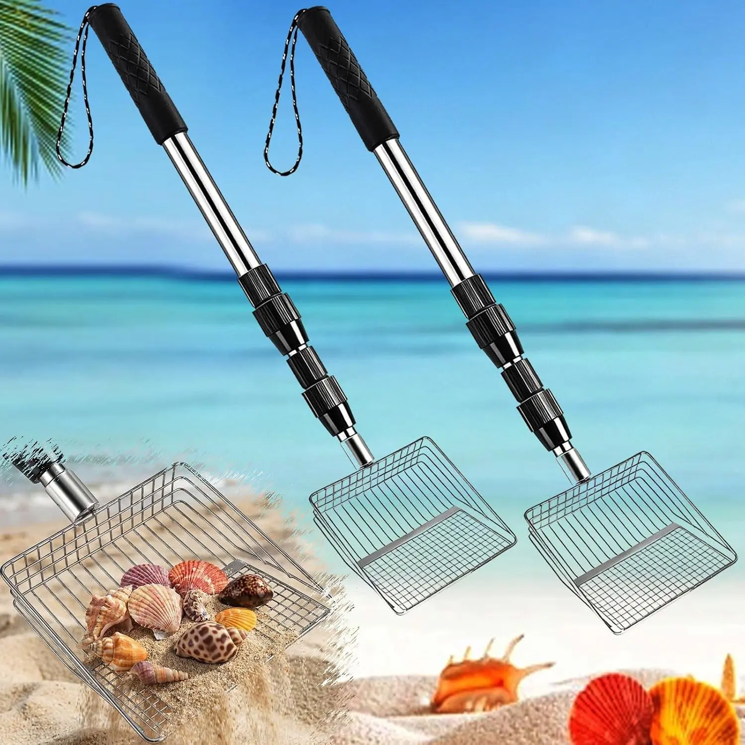 Upgraded 2Pack Shark Tooth Sifter, [50% Larger] Sand Sifter for Beach Shelling Tools with Adjustable Stainless Steel Long Handle for Easy Digging, Shark Teeth Sifter Dipper