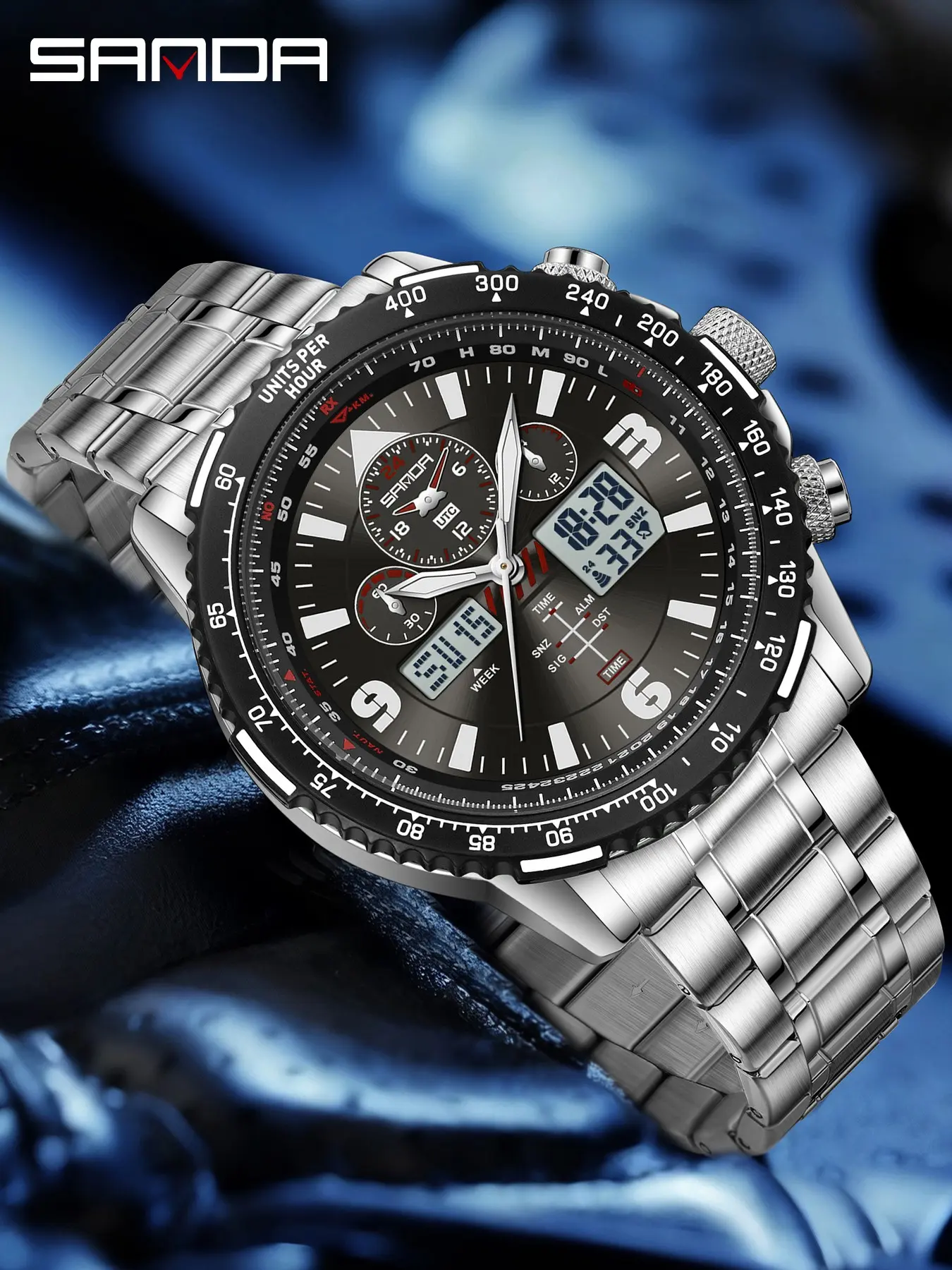 1pcs Sanda6362 Dual Display Electronic Quartz Men's Watch, 5atm Waterproof, Night Light, Multi-Function Stopwatch Alarm Clock