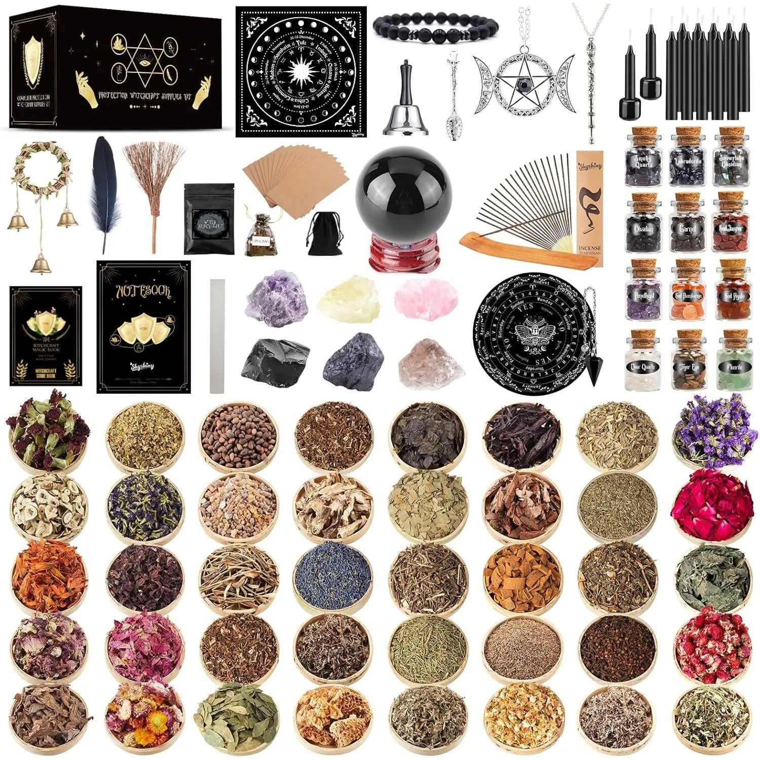 Wiccan Supplies and Tools for Protection, 130Pack Witchcraft Supplies Witchy Gift for Beginners, Dried Herbs, Crystals, Candles, Witch Starter Spell Kit