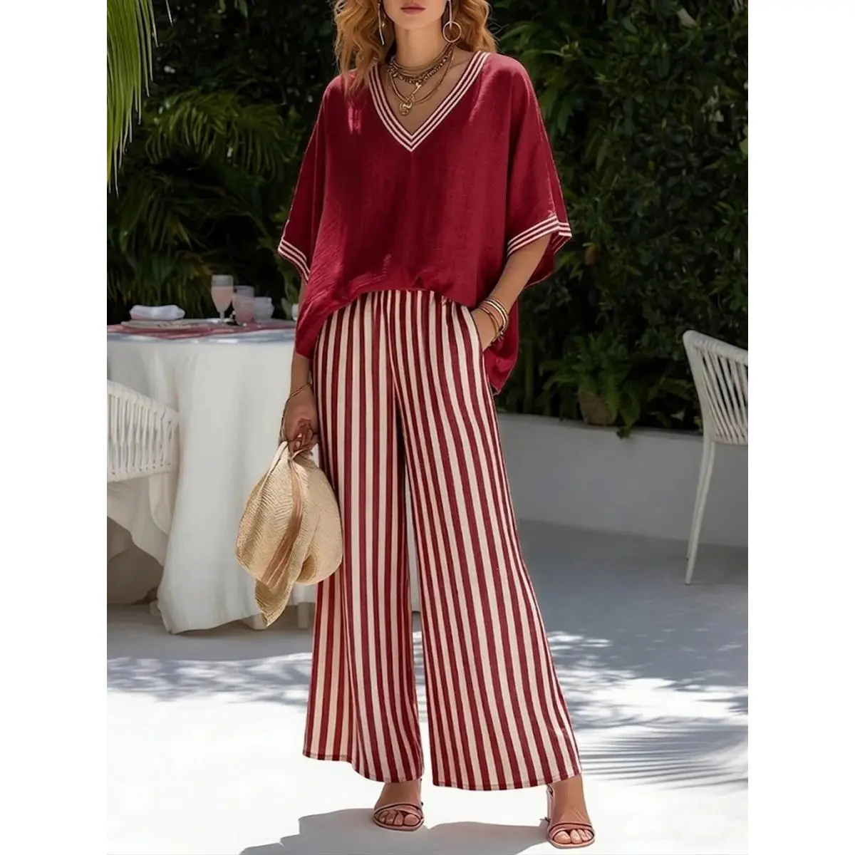 Half Sleeves Loose Contrast Color Pockets Striped V-Neck Blouses Top + Pants Bottom Two Pieces Set
