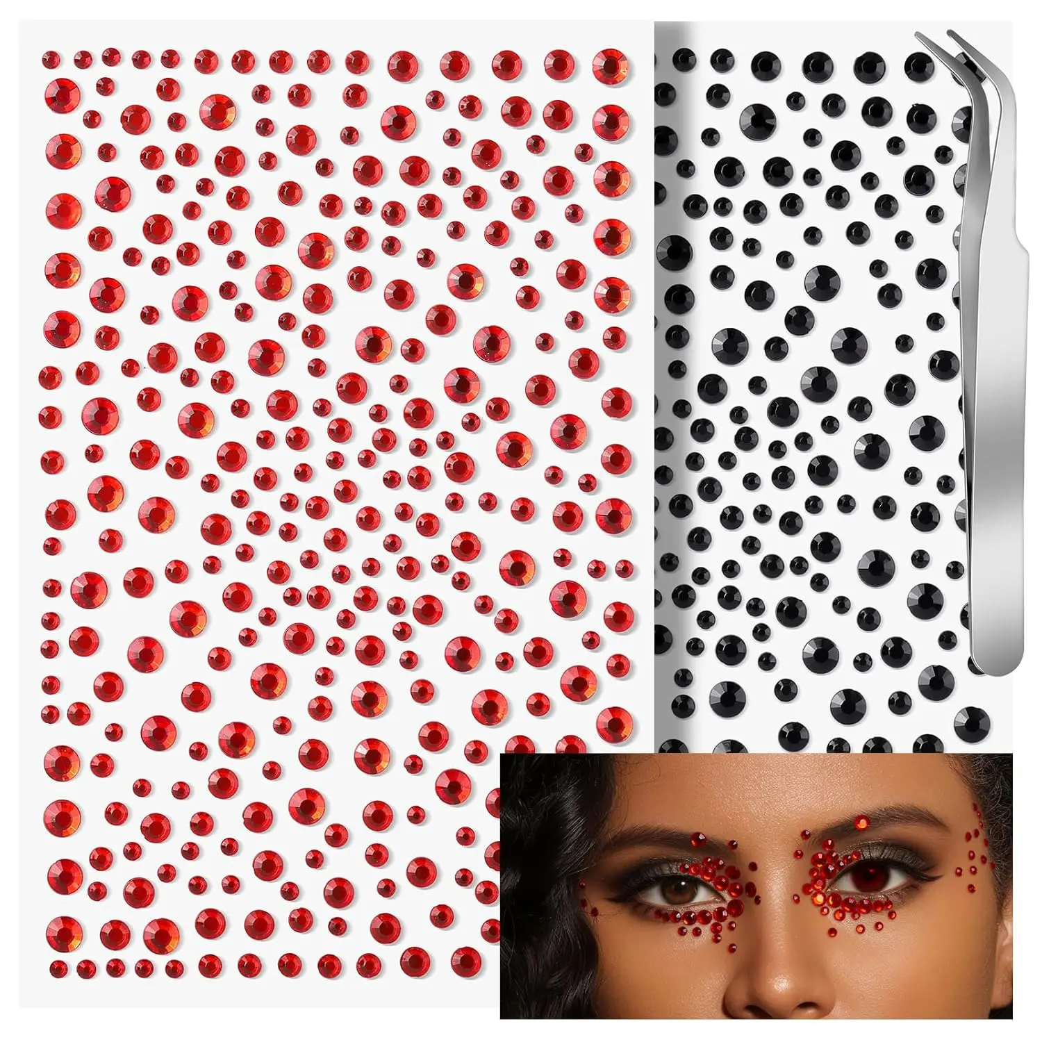Red and Black Face Gems Face Rhinestone Makeup Festival Face Jewels Red Stick On Gems Black Rhinestone, Self-Adhesive Rhinestone Set for Halloween Makeup