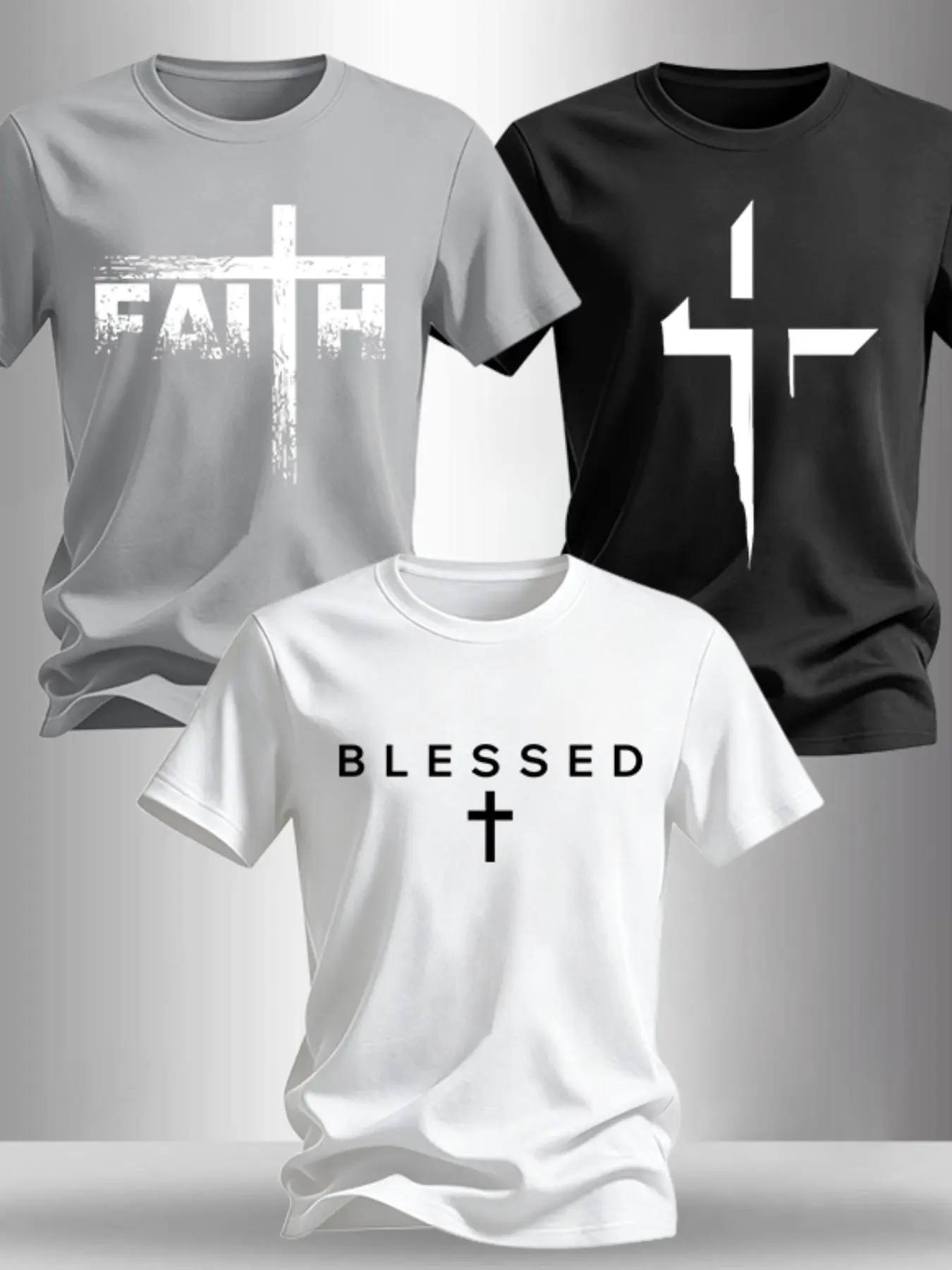 Men's 3-Pack Cross Print Round Neck T-Shirts, Inspirational Religious Graphic Tees, Casual Christian Streetwear for Daily Wear#FaithCrossTee #ReligiousGraphicTee #3PackMensTShirts #ChristianStreetwear #TikTokFashion #BlessedPrintTop