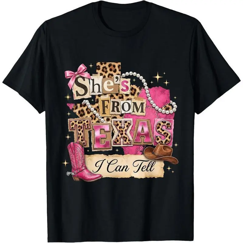 100% Cotton Funny Western Cowgirl Tee - Everyday, Lightweight, Better-Fit Sports Top for Pink Boot Gift Enthusiasts (She's from Texas I Can Tell Design), Heat Transfer