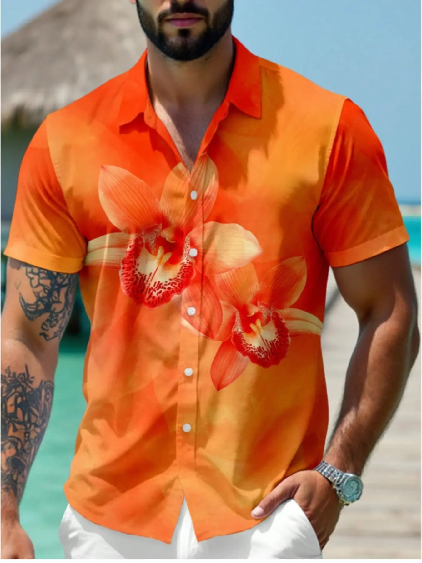 Hawaiian Floral Men's Short Sleeve Shirt, Casual Summer Clothes, Tropical Vacation Print Collar Casual Shirt, Loose-Fitting All-Over Print, All Seasons