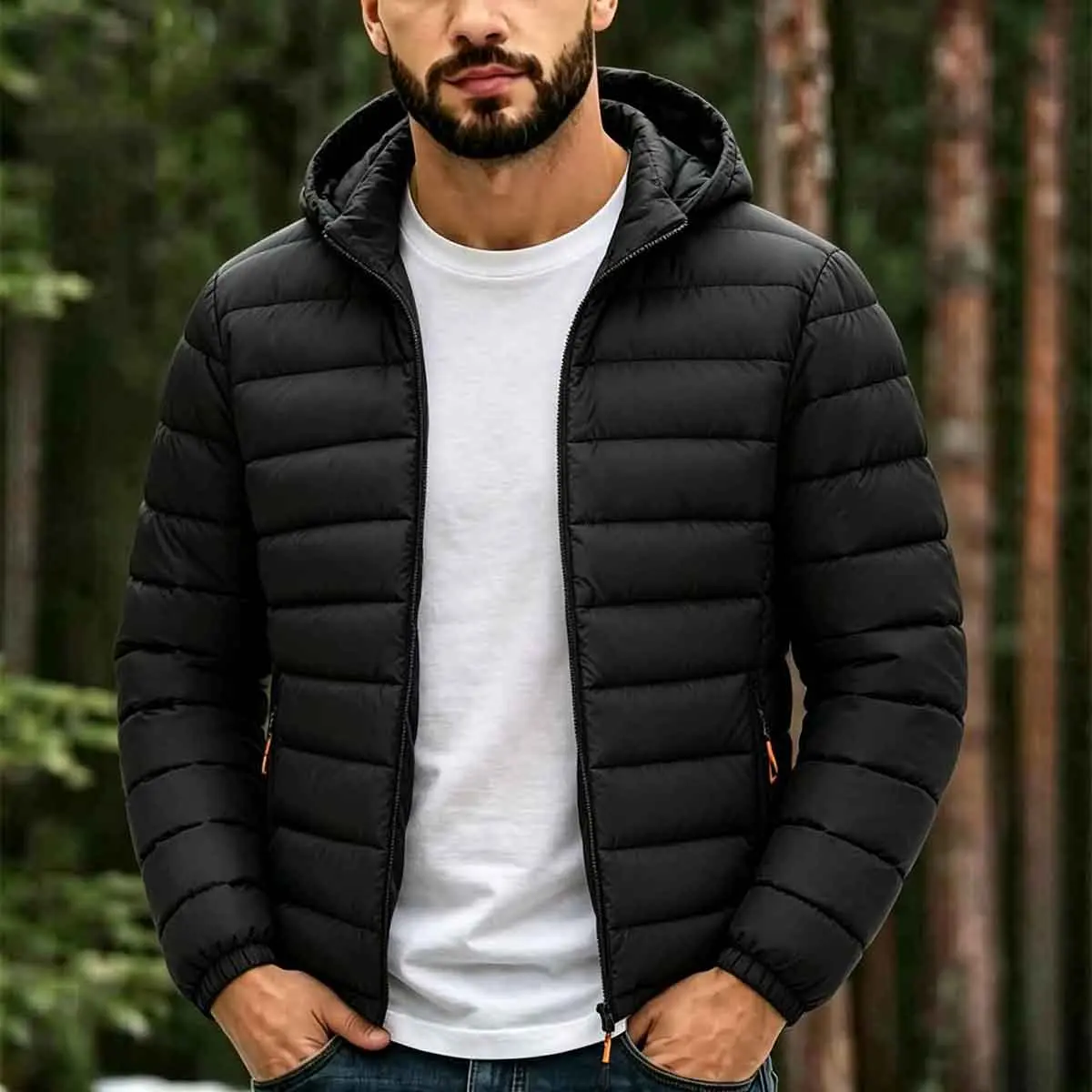 Men's lightweight hooded down jacket, full zipper quilted padded winter coat, zipper side pocket windproof jacket, elastic cuffs loose fit, portable and foldable design, very suitable for cold weather, daily commuting, travel, outdoor hiking, easy to matc