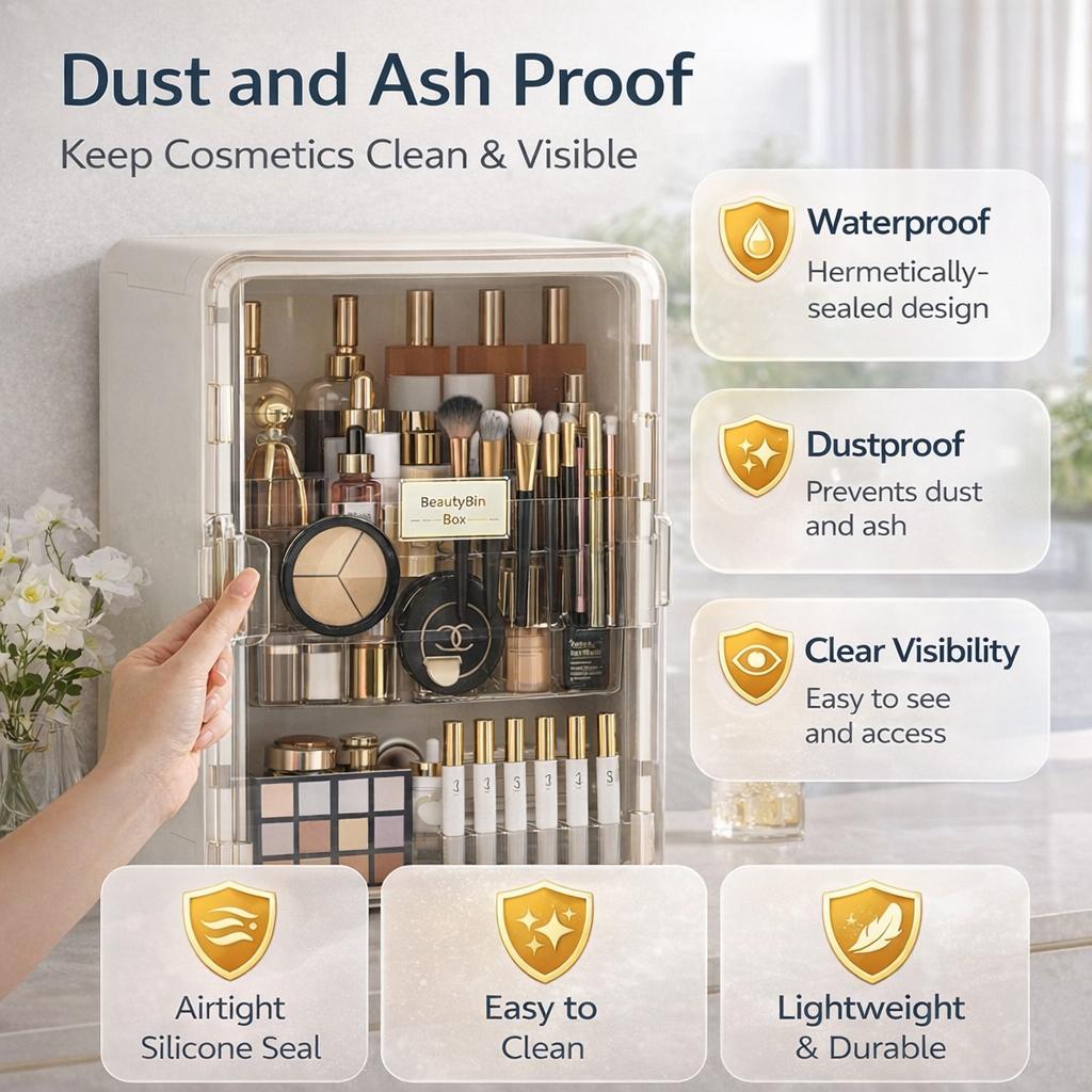 Large Capacity Makeup Organizer Box, Desktop Cosmetic Storage with Brush Holder, Multi-Compartment Makeup Tool Organizer for Bedroom, Bathroom & Vanity