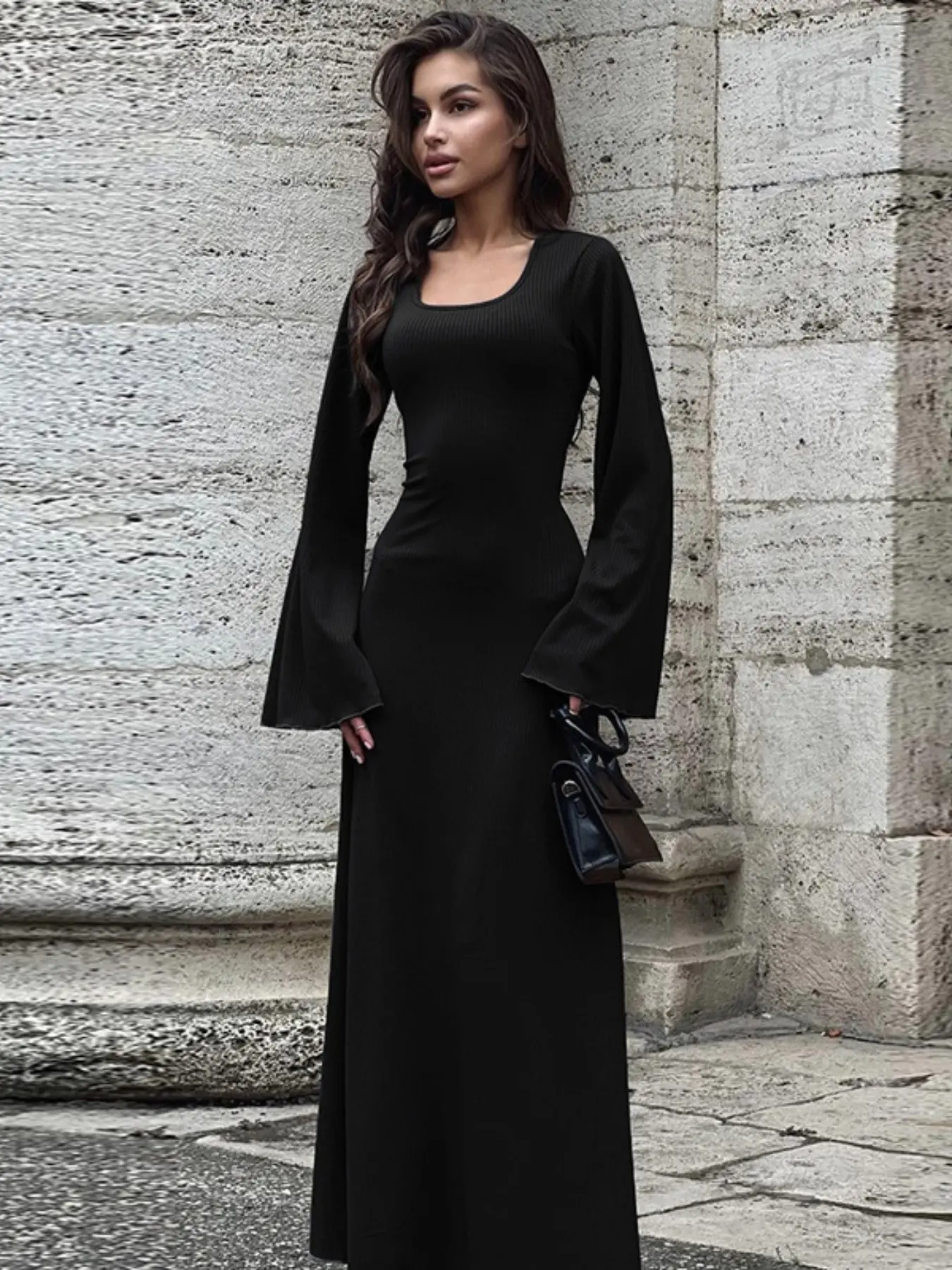 Elegant Women's Square Neck Flare Sleeve Long Dress, Slim Fit Waist Cinching, Stylish Flared Fall & Spring Fashion, Chic Bodycon Maxi Dress