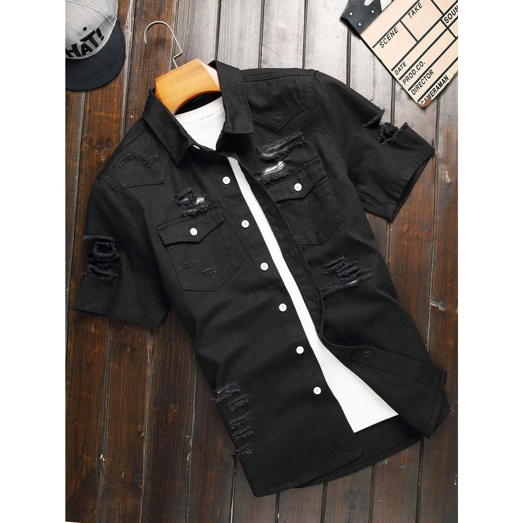 Men’s Black Distressed Denim Short Sleeve Shirt Vintage Washed Ripped Button Up Streetwear Y2K Hip Hop Casual Overshirt Slim Relaxed Fit Cotton Workwear Style Summer Fashion Top with Pockets