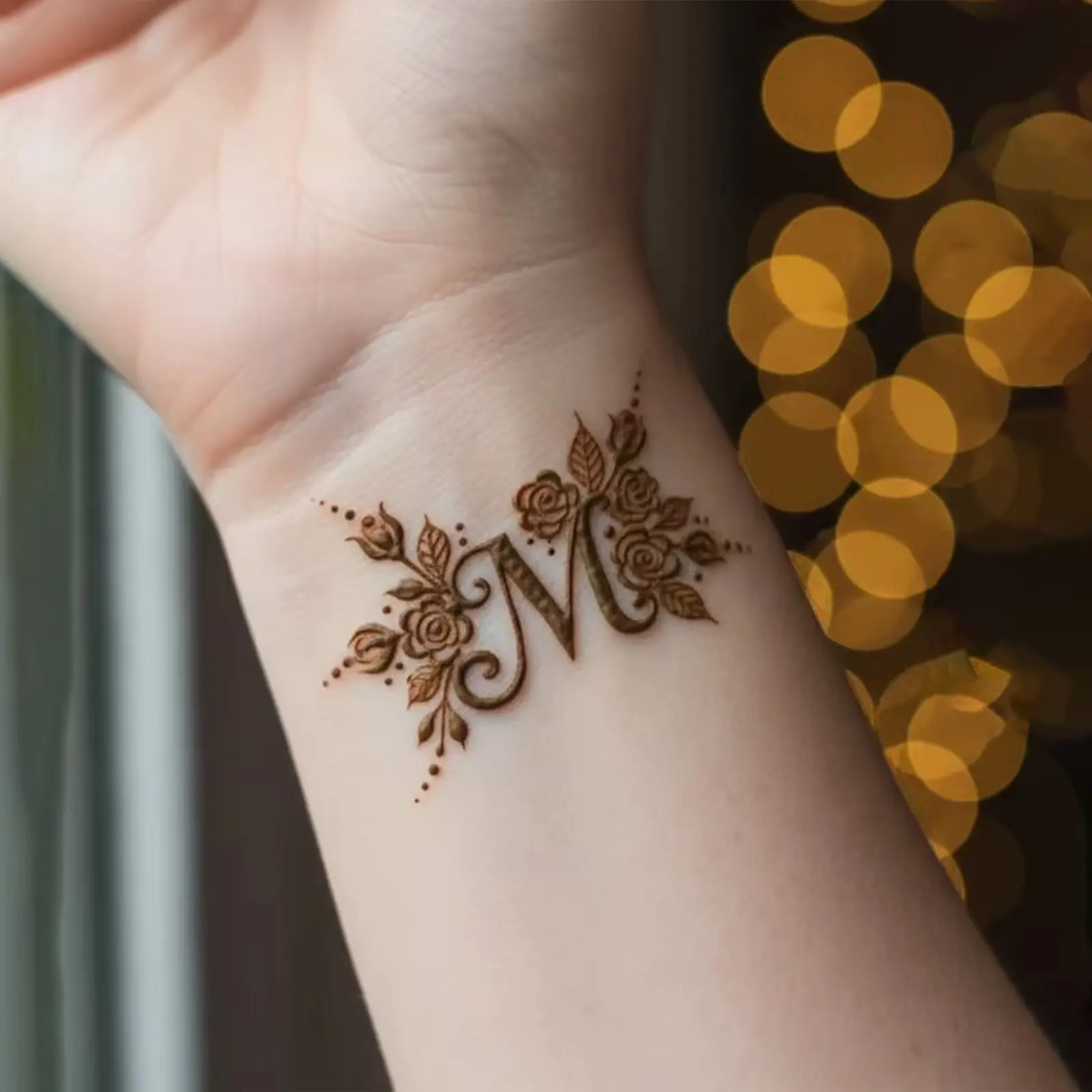 Women's 4PC Waterproof Long-Lasting Henna Tattoo Stickers, Vintage Letter M Rose Wrist Decor, Warm Brown Exquisite Floral Print Skin Decor for Daily Wear (Sports & Outdoor Accessories)