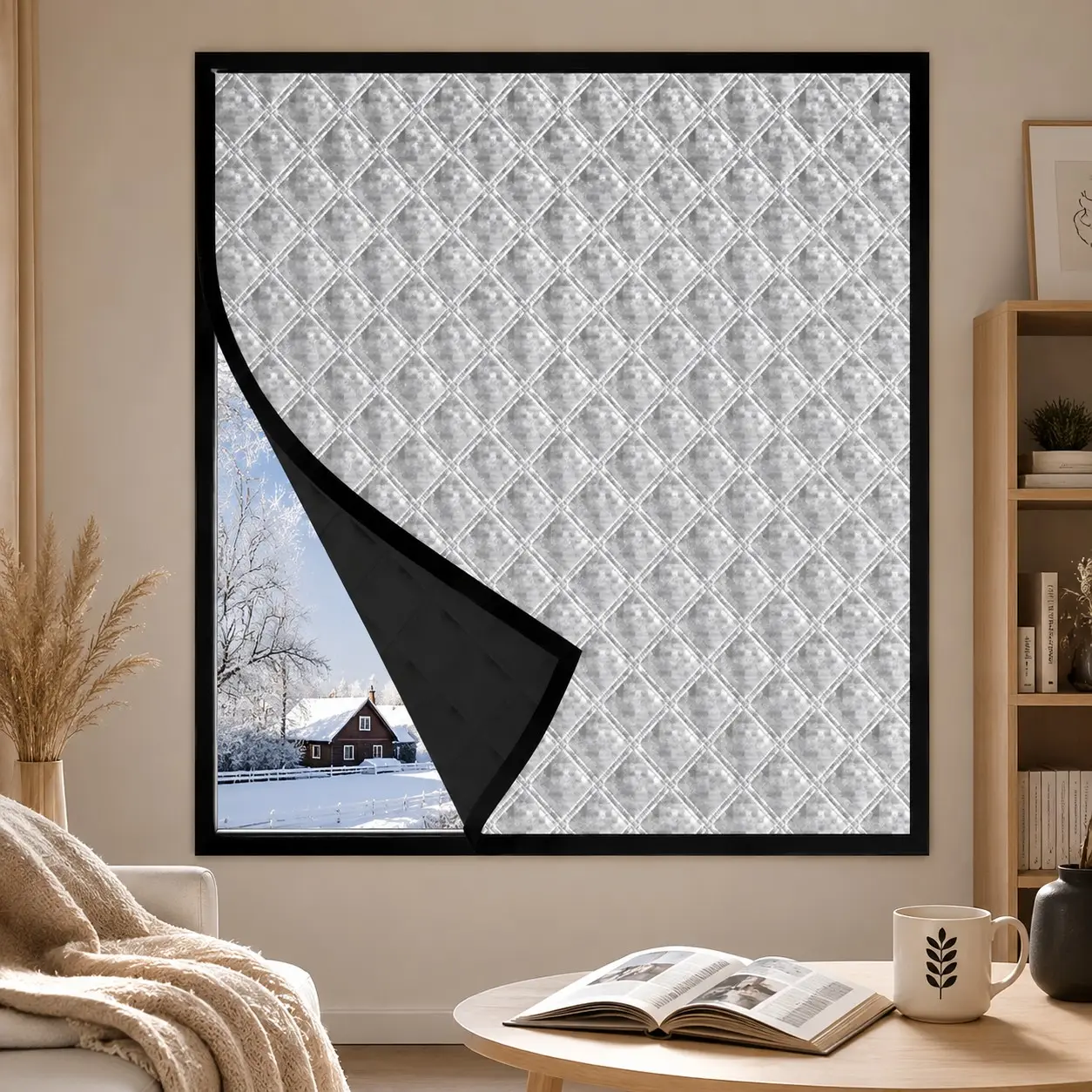 Thick Winter Thermal Curtain, Silver Diamond Aluminum Foil Insulated Blackout Window Shade Cover, No-Drill Self-Adhesive Windproof Cold Blocker for Bedroom Living Room Balcony Window