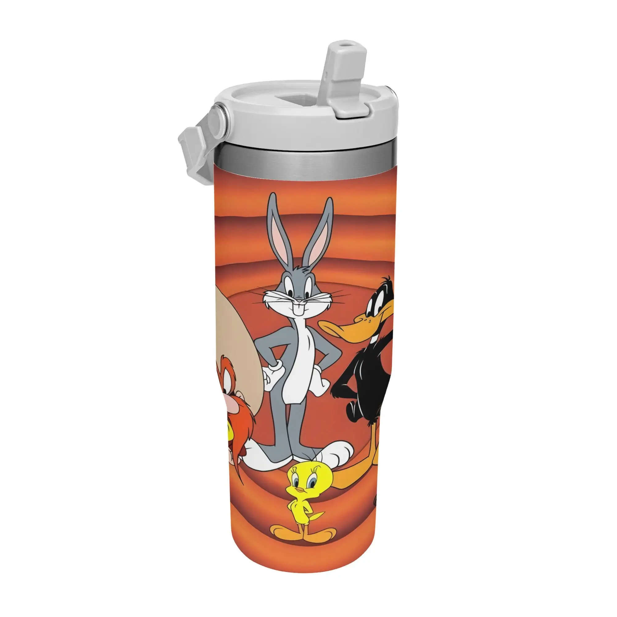 WB Looney Tunes Orange Gradient Full Crew Flip Straw Tumbler 30oz Stainless Steel Vacuum Mug, Leakproof Travel Cup, Retro Tunnel Cartoon Print, Classic Animation Fan Gift
