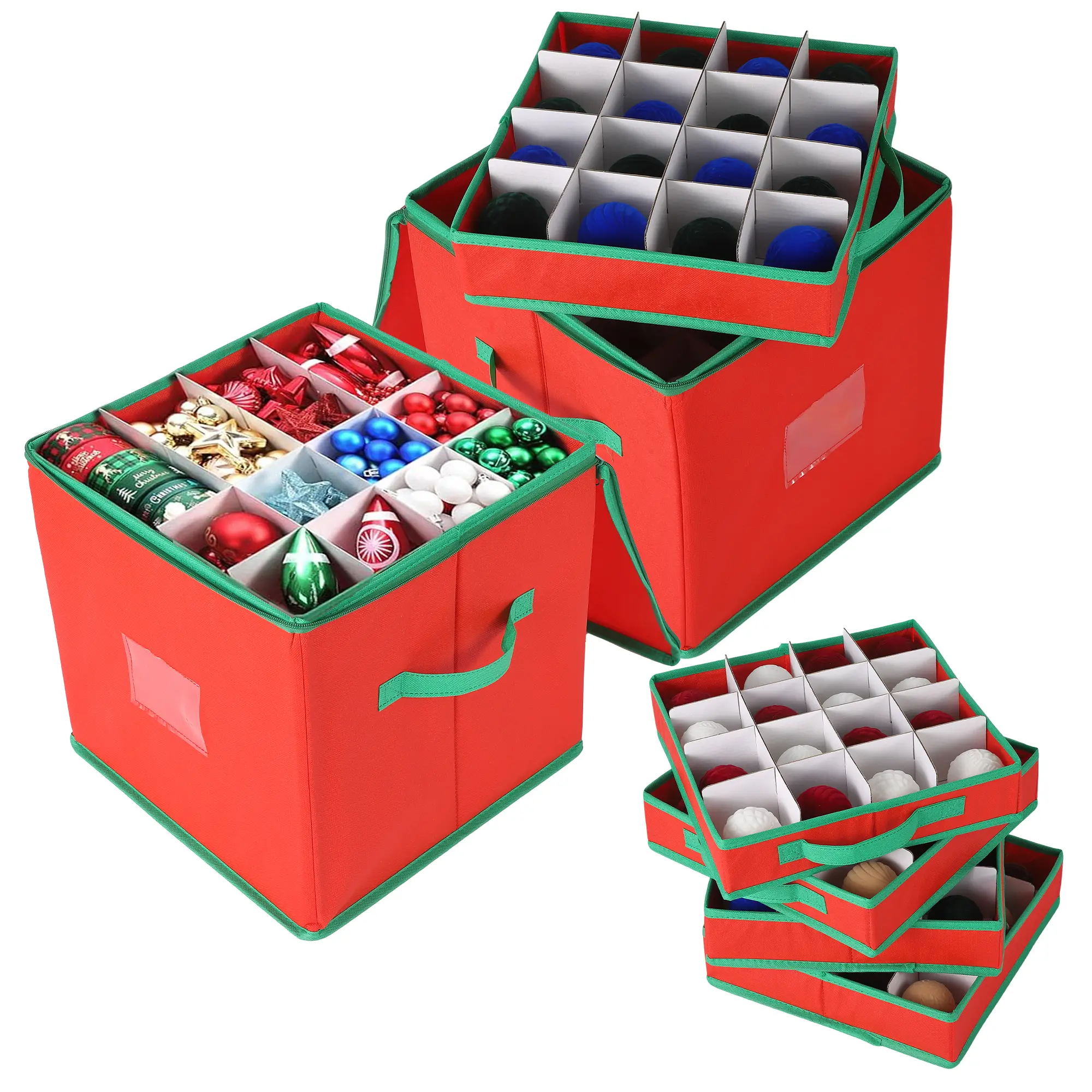 Christmas Ornament Storage Boxes Set of 2 – Adjustable Dividers, Holds up to 128 Ornaments, Zippered Lid, Dual Handles, Organizer for Holiday & Bauble Storage