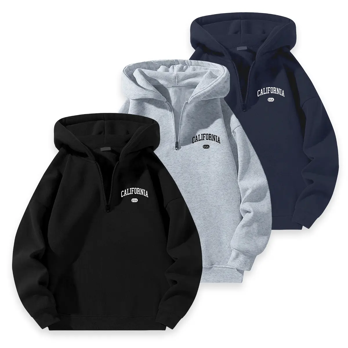 Men's Casual Quarter-Zip Hoodie Pullover - Foldable, Machine Washable, Medium Length Polyester Fabric, Classic California USA Letter Print, Loose-Fit Drop-Shoulder Sweatshirt for Street Style & Daily Wear