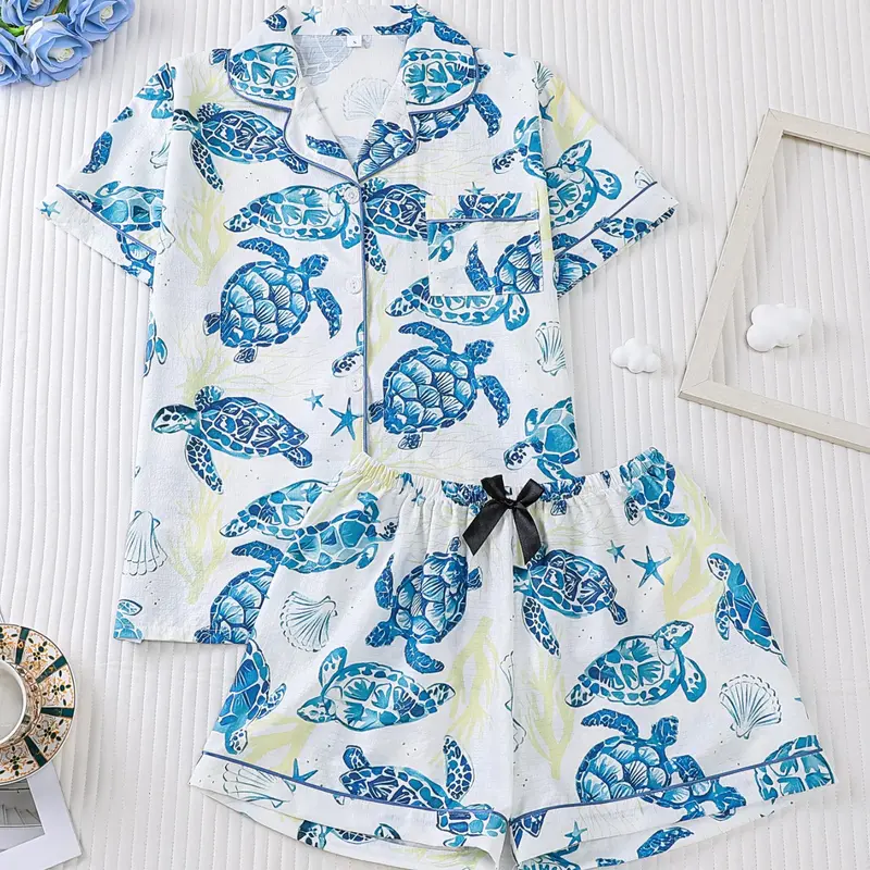 Women's Turtle Print Pajama Set, Collared Short Sleeve Top & Slim Fit Elastic Shorts, Casual Elegant Sleepwear & Loungewear, Homewear for Holidays & Home Relaxation Pjs, Matching Pajama Set, Loungewear Pajamas