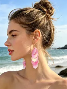 Boho Pink Shimmer Disc Tassel Earrings - Sparkly Sequins Dangle Earrings for Summer Beach, Festival & Casual Outfits
