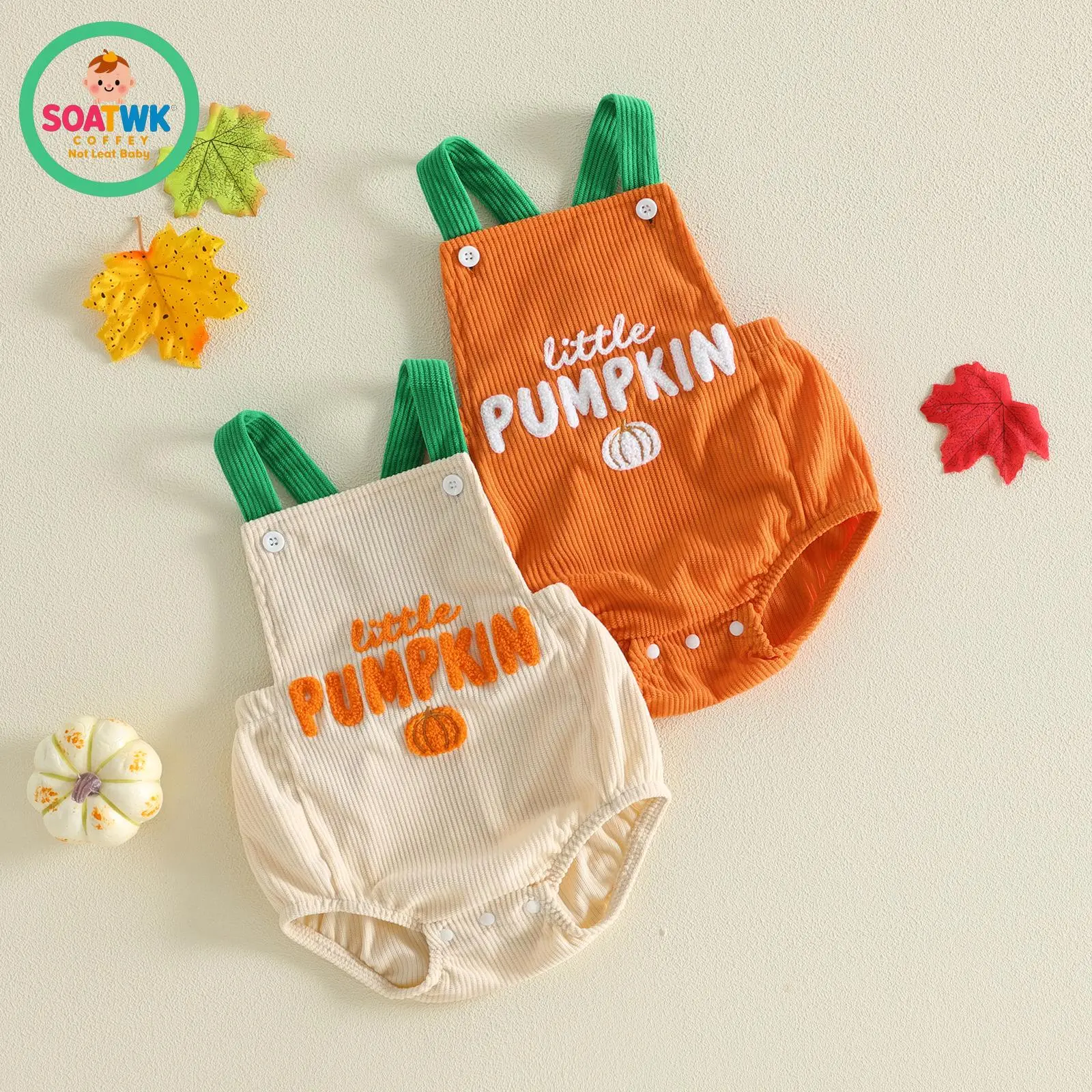 Infant Baby Halloween Romper Fashion Pumpkin Embroidery Sleeveless Ribbed Jumpsuit