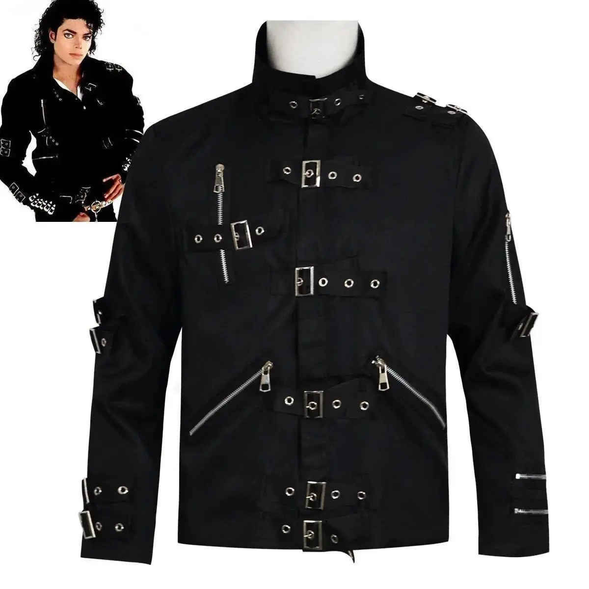 Michael Jackson BAD Punk Jacket Black Stretch Outwear Motorcycle Role Player impersonator Costumes Classic BAD T-shirt Belt Kids Toddler Ghost Costume with Pumpkin Basket Glow-in-the-Dark Onesie with Bag