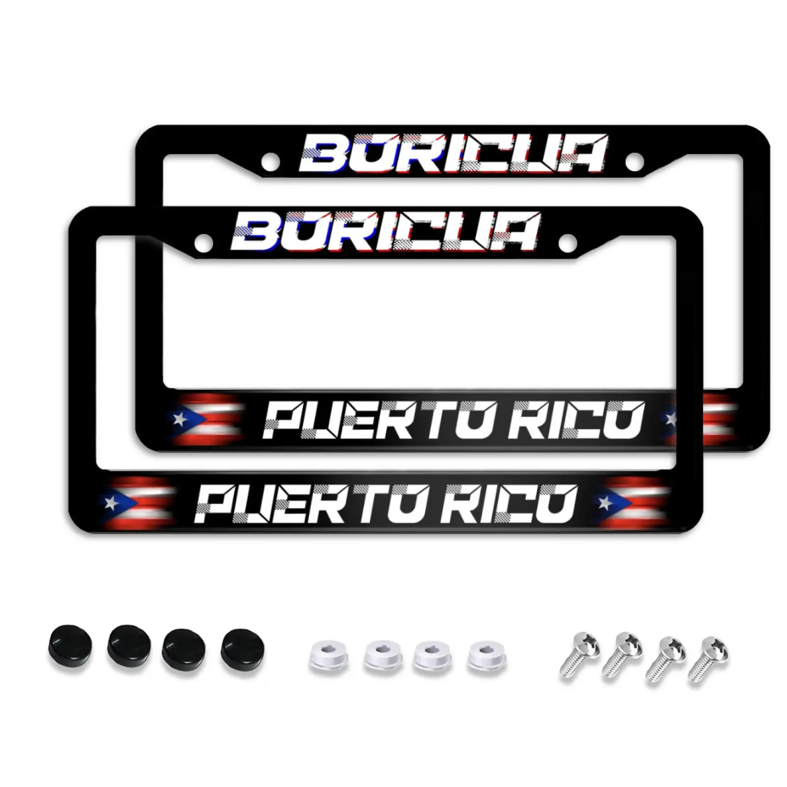 Boricua Puerto Rico Flag Metal License Plate Frame 2-Pack - PR Patriotic Pride Black Aluminum Car Tag Covers with Screws Caps, US Standard 12x6 in Auto Exterior Accessory Gifts for Men