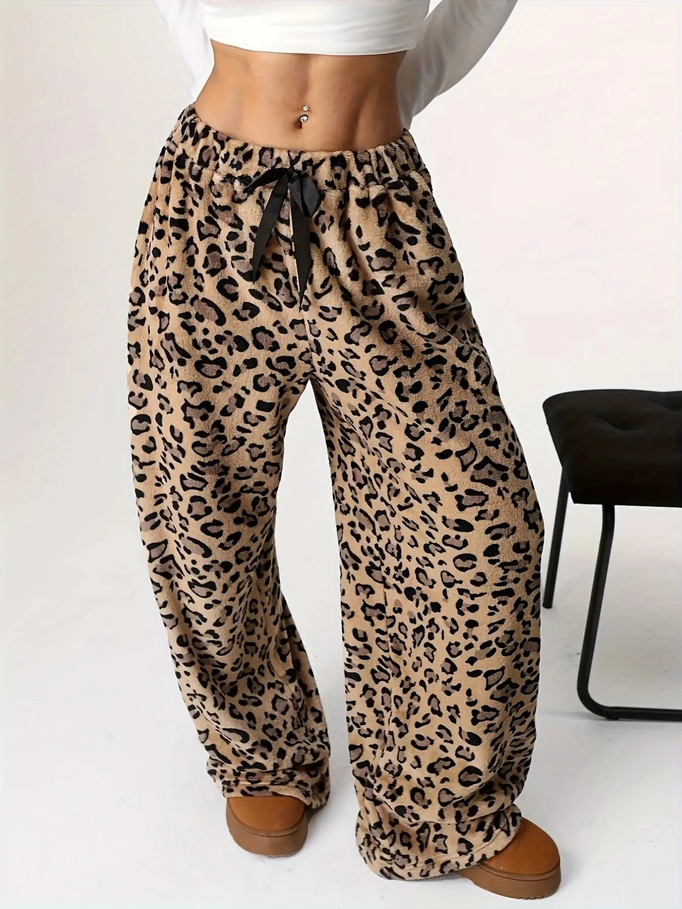 Plus Size Women's Long Pants, Leopard Print Wide Leg Pants, Elastic Waist Drawstring Adjustable Loose Fit Casual Home, Fall & Winter