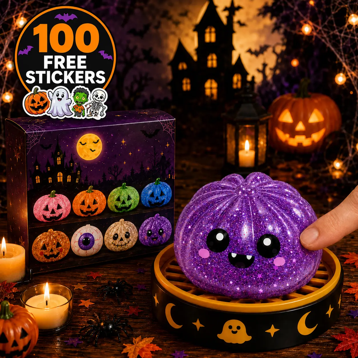 Turn Your Desk Into a Haunted Pumpkin Patch – 8 Halloween Glitter Squishy Fidget Styles with Jack-O’-Lantern, Eyeball, Skeleton and Vampire Faces, Satisfying Squeeze Toy, Party Favor and Boo Basket Gift