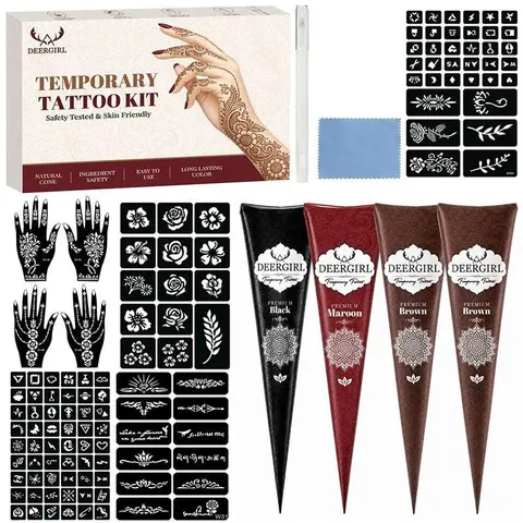 All-in-One Mehndi Henna Tattoo Gift Set Multi-Color Henna Paste Cones + Mehndi Stencils Henna Designs Hand Arm Stencil Templates, Waterproof Temporary Tattoos Long Lasting DIY Temporary Body Tattoo Kit for Beach Party Bridal Shower Cosplay Henna for Skin