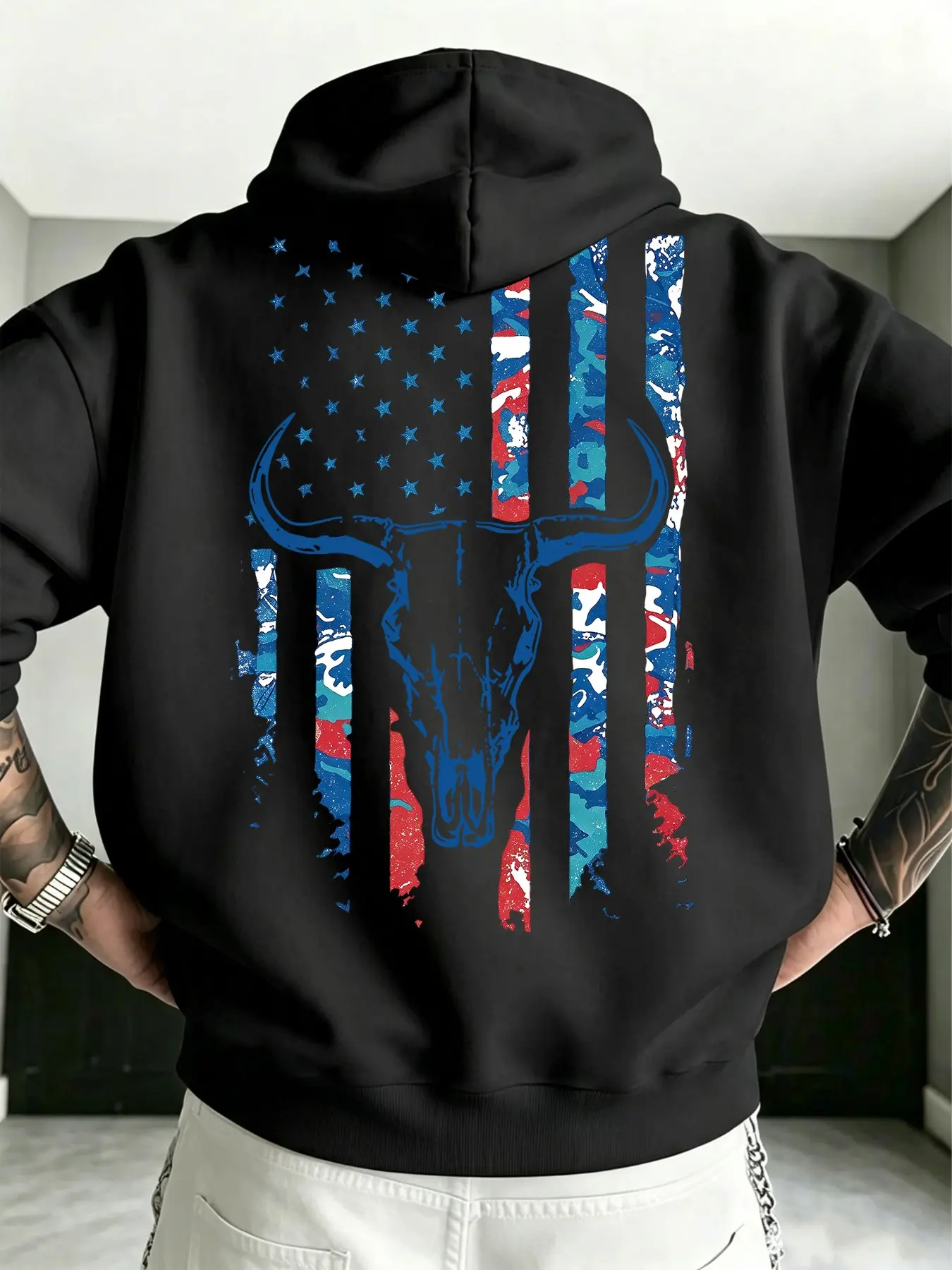 Men Oversized Pullover Hoodie, Dual‑Side Distressed Western Longhorn Skull Retro Stripes & Star Element Graphic Print, Loose Fit Hooded Sweatshirt For Country Cowboy Style, Casual Street Trendy Male Daily Outfits