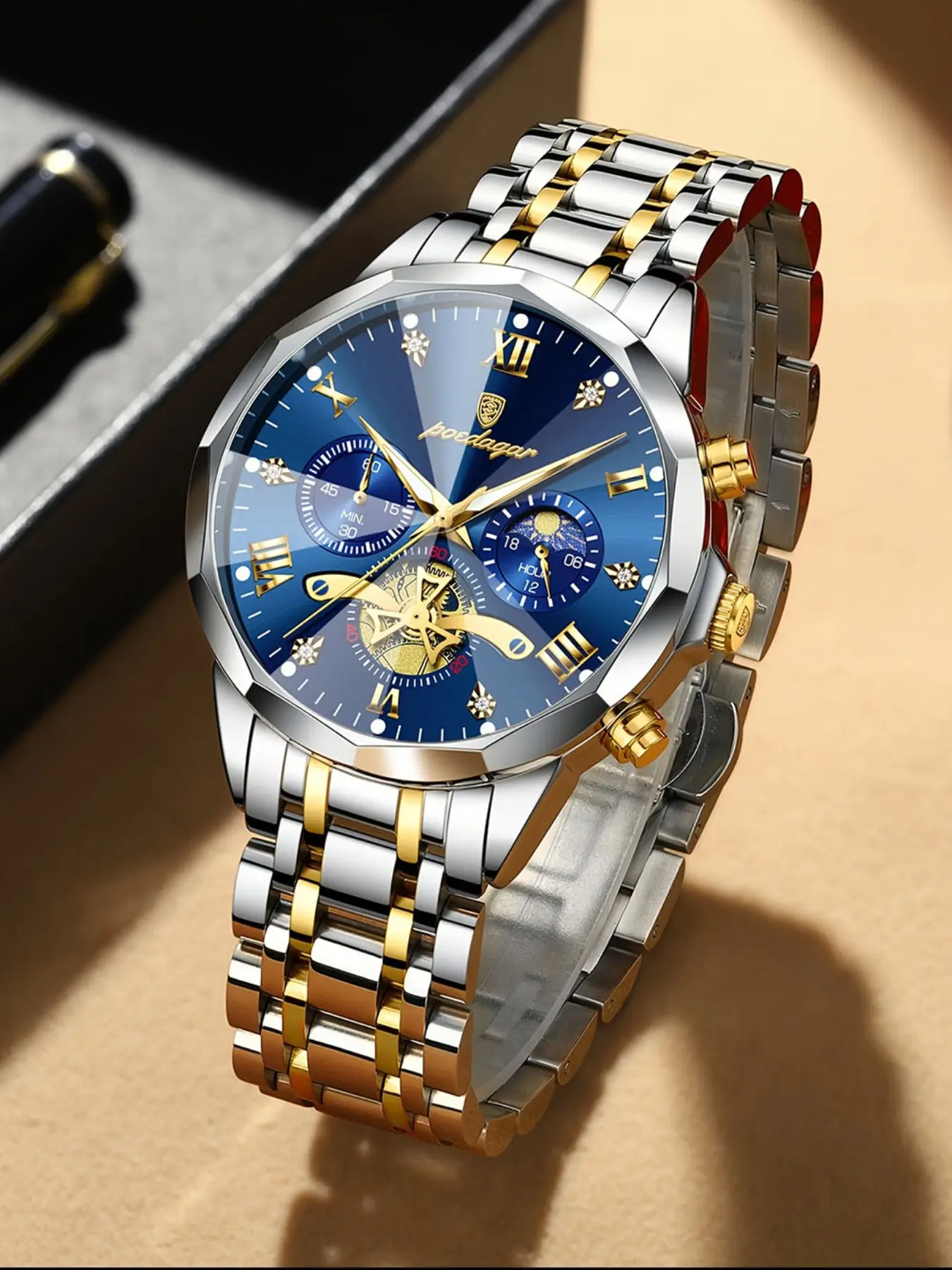 Luxury Steel Band Men's Watch, Luminous Waterproof Chronograph, Analog Face, Quartz Movement, All Seasons, Boho Style
