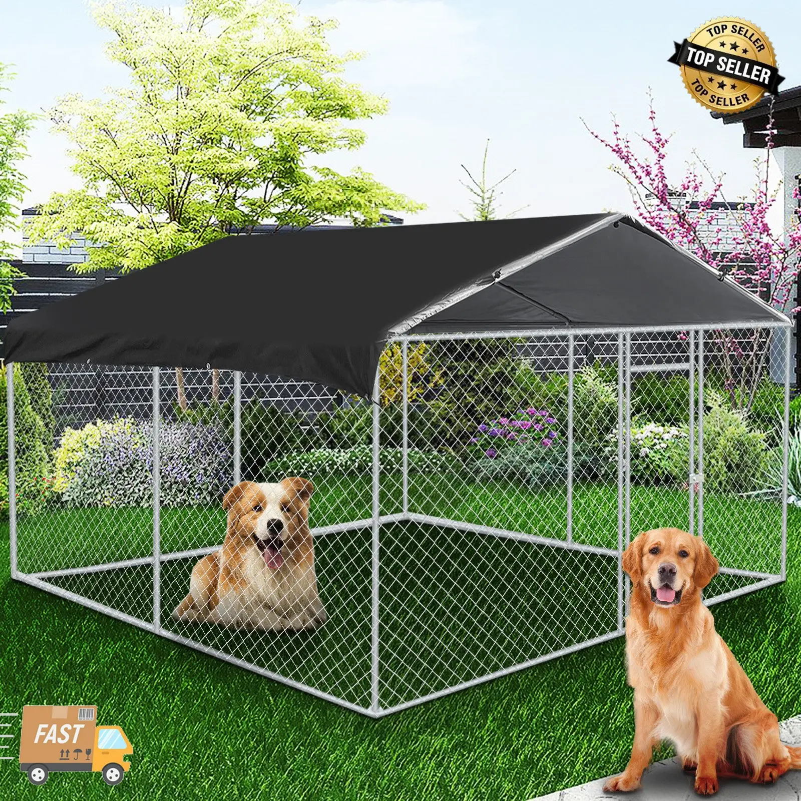 10x10 FT Outdoor Steel Frame Kennel, Galvanized Steel Pet Enclosure with Waterproof UV Cover, Heavy Duty Weatherproof Dog Run Playpen with Solid Mesh, 1x Metal Chicken Coop & 1x Instruction Manual for Backyard