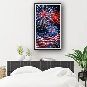 A piece of 2D flat frameless exquisite handmade DIY diamond painting kit featuring brilliant fireworks and American flag theme, perfect for home living room decoration and creative gifts for handcraft lovers.