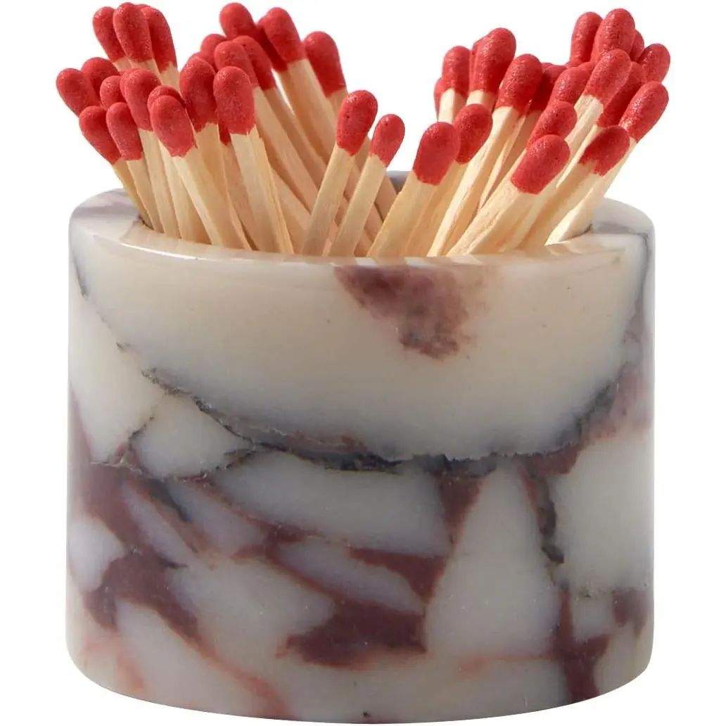Luxury Natural Marble Match Holder with Striker –Small 2.5" x 2" Calacatta Viola Stone Decorative Matchbox for Bathroom Candles & Fireplace, Cute Match Jar for Home Decor Gift (Matches Not Included)