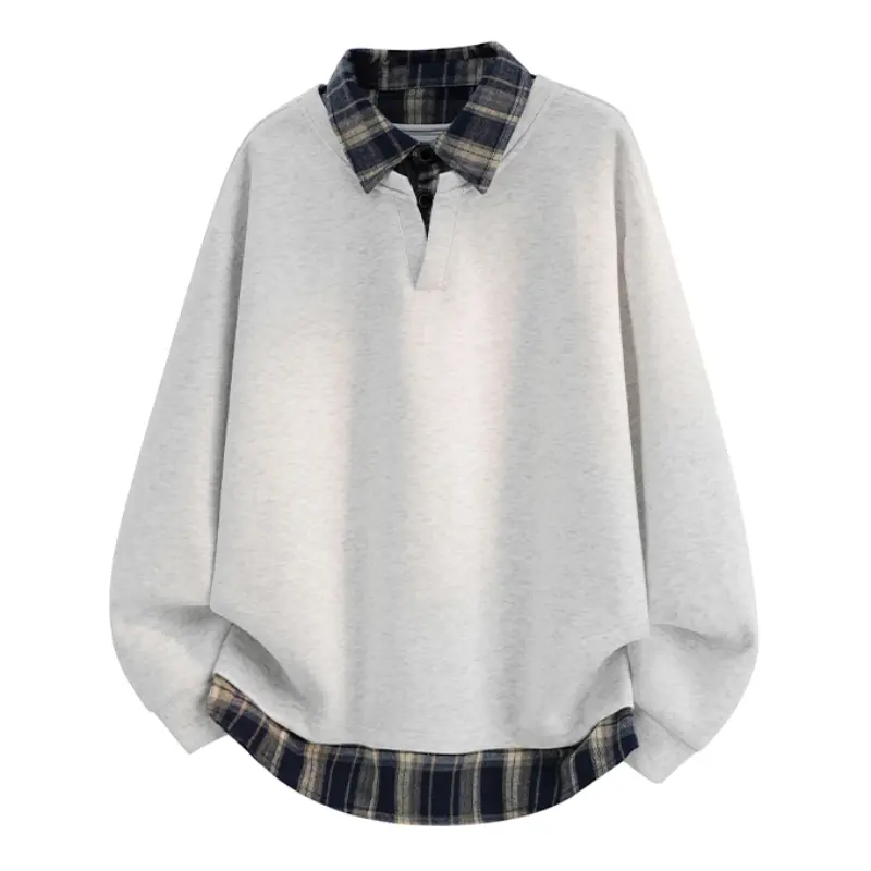 Men's Heather Grey Fake Two-piece Plaid Collar Sweatshirt Loose Long Sleeve Casual Streetwear Top For Daily Layered Outfit Matching#SummerWins