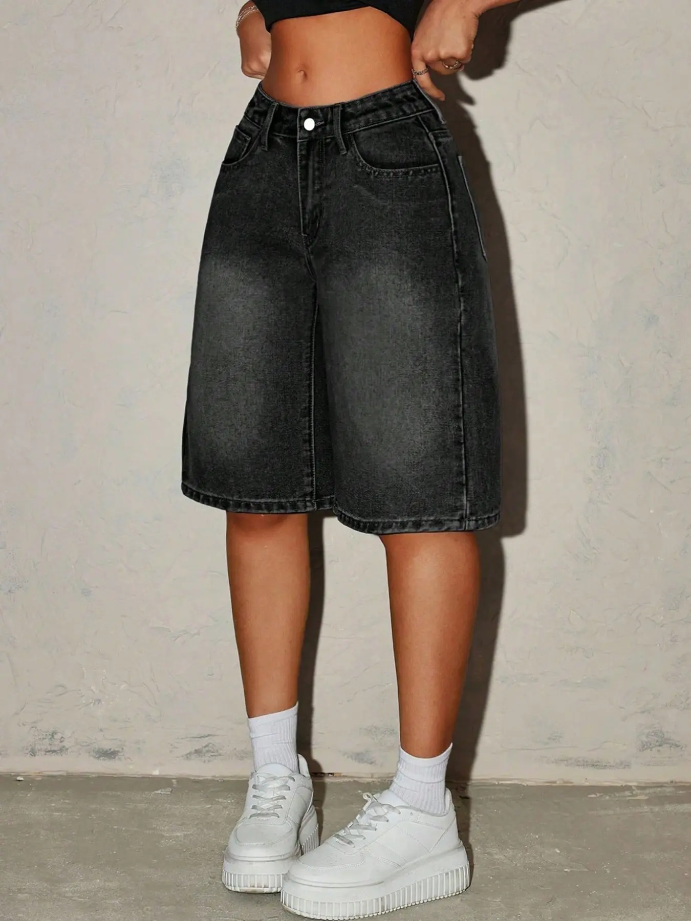 American Street Style Tall Boyfriend Denim Jeans, High Waist Loose Wide Leg Five-Quarter Pants, Washed Vintage Trendy Streetwear Fashion