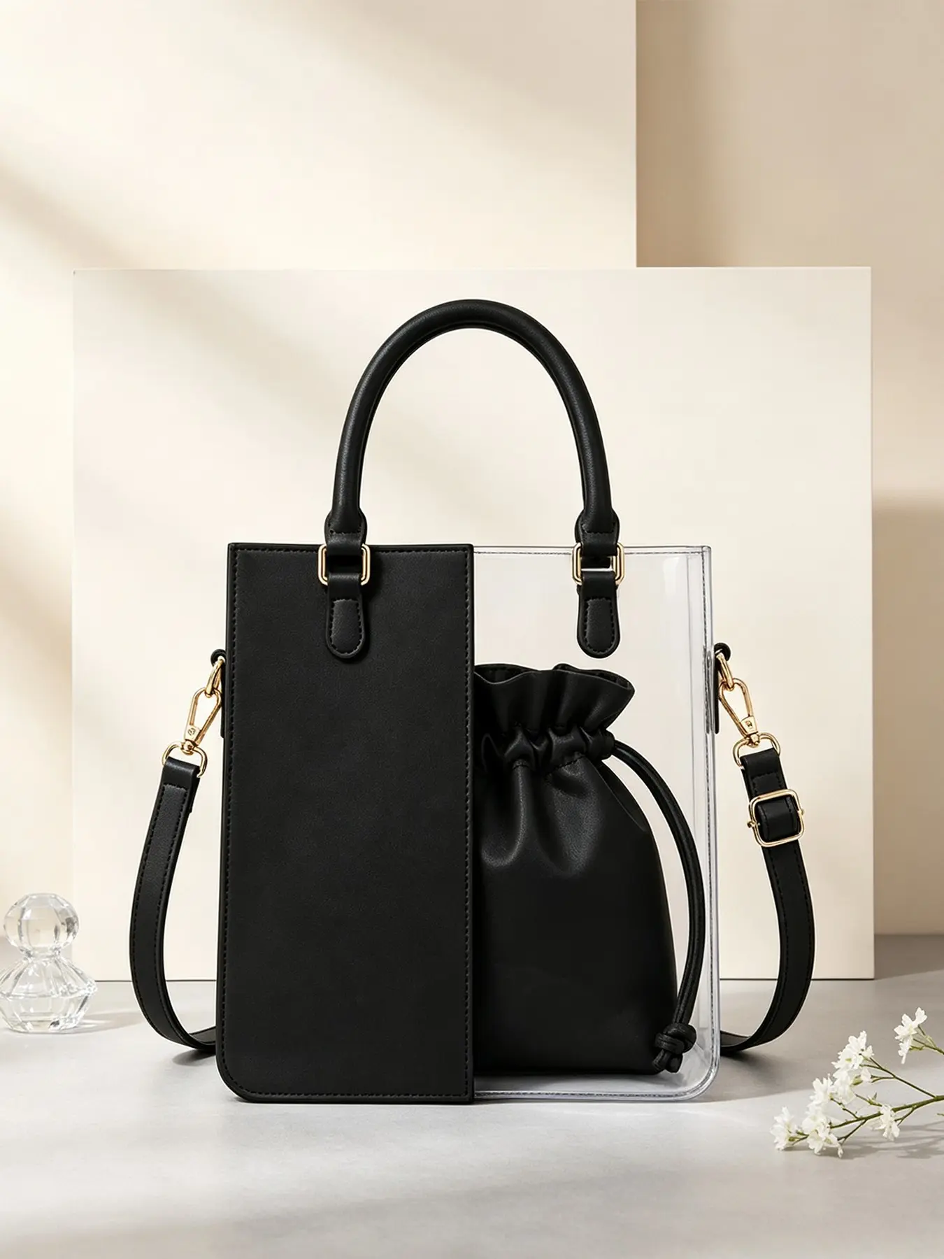 1pcStylish Clear Ladies Shoulder Tote Bag With Separate Storage Pouch, Top Carry Handles, Lightweight Practical Cross‑Body Purse For Shopping, Vacation And Special Occasions, Chic Crossbody Bag